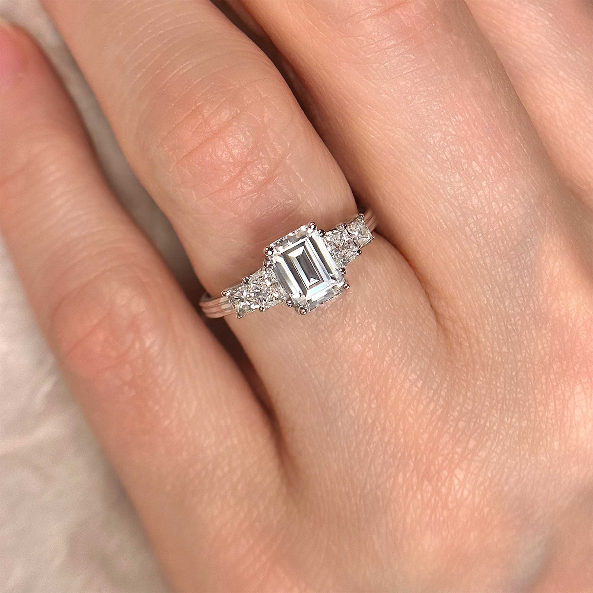 Emerald Cut Brilliant Trapezoid and Princess Cut Diamond Engagement Ring