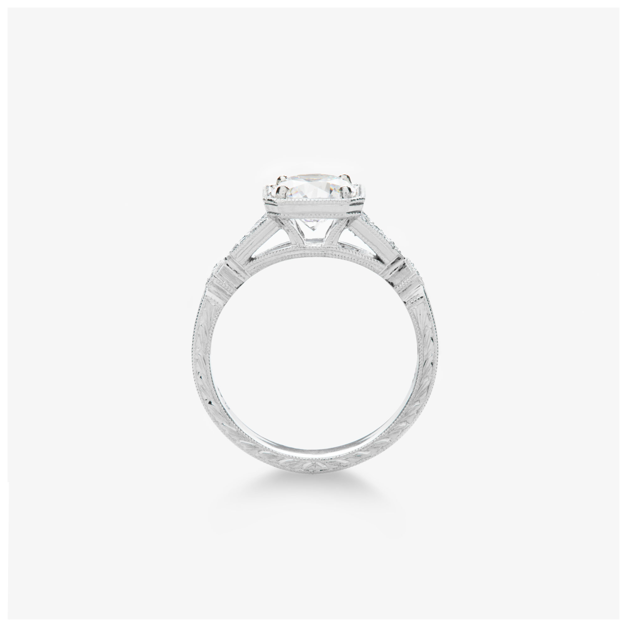 Hand Engraved Diamond Engagement Ring Square Frame, Profile View