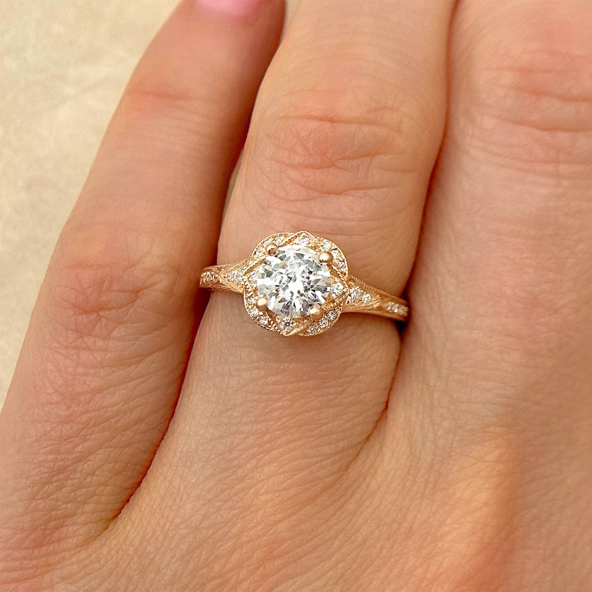hand engraved round diamond engagement ring with halo alt view