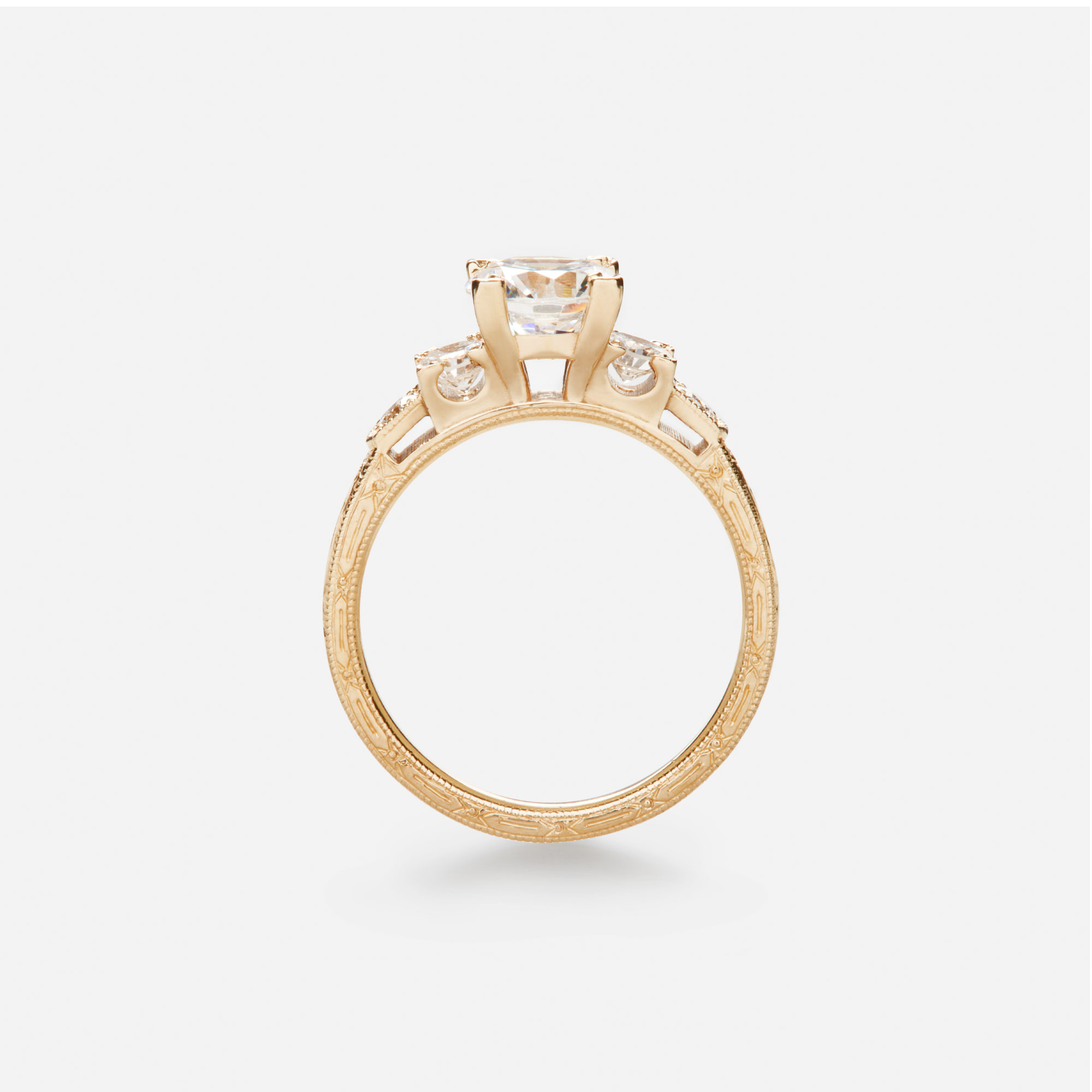 hand engraved round diamond stepped engagement ring alt view