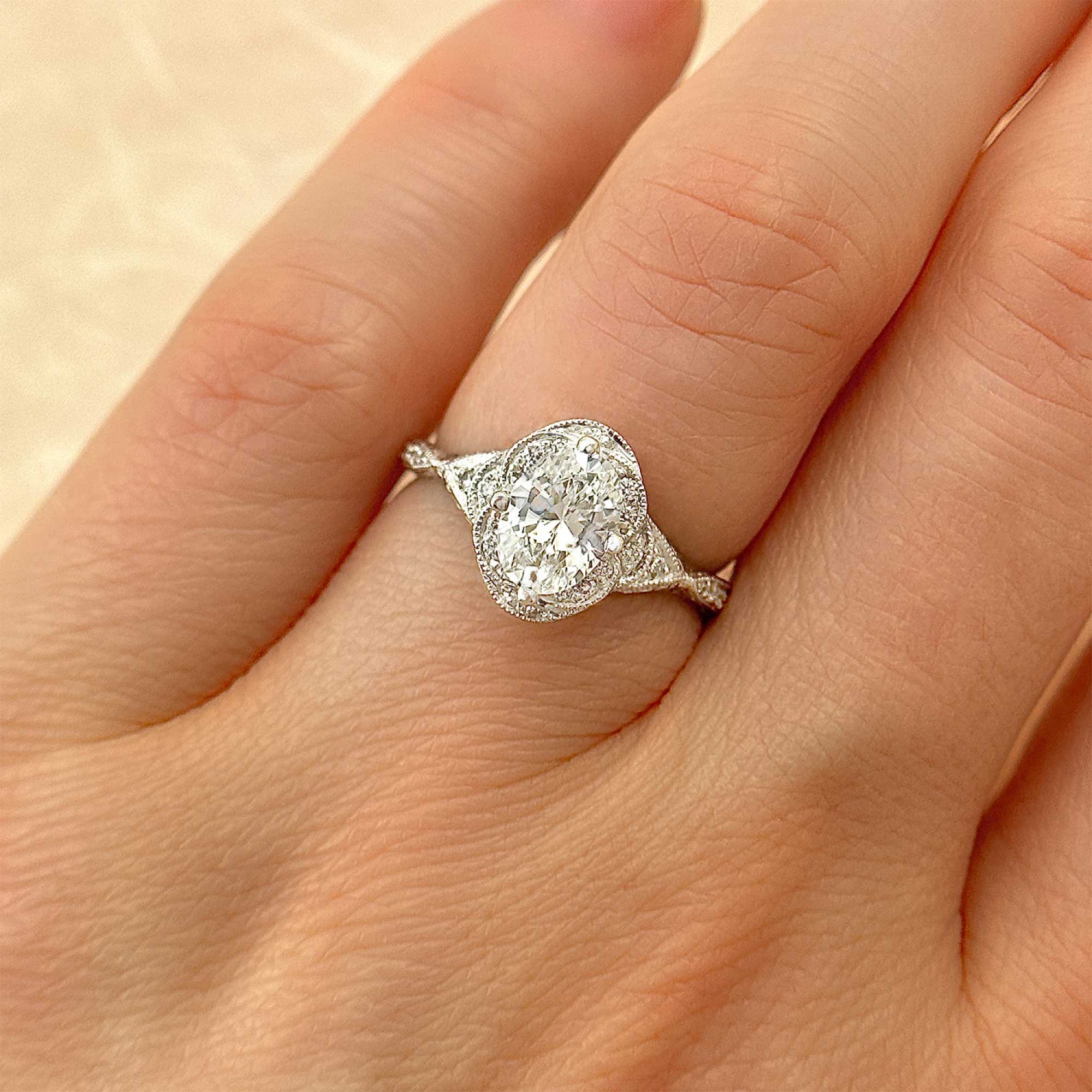 Hand Engraved Vintage Style Oval Diamond Engagement Ring