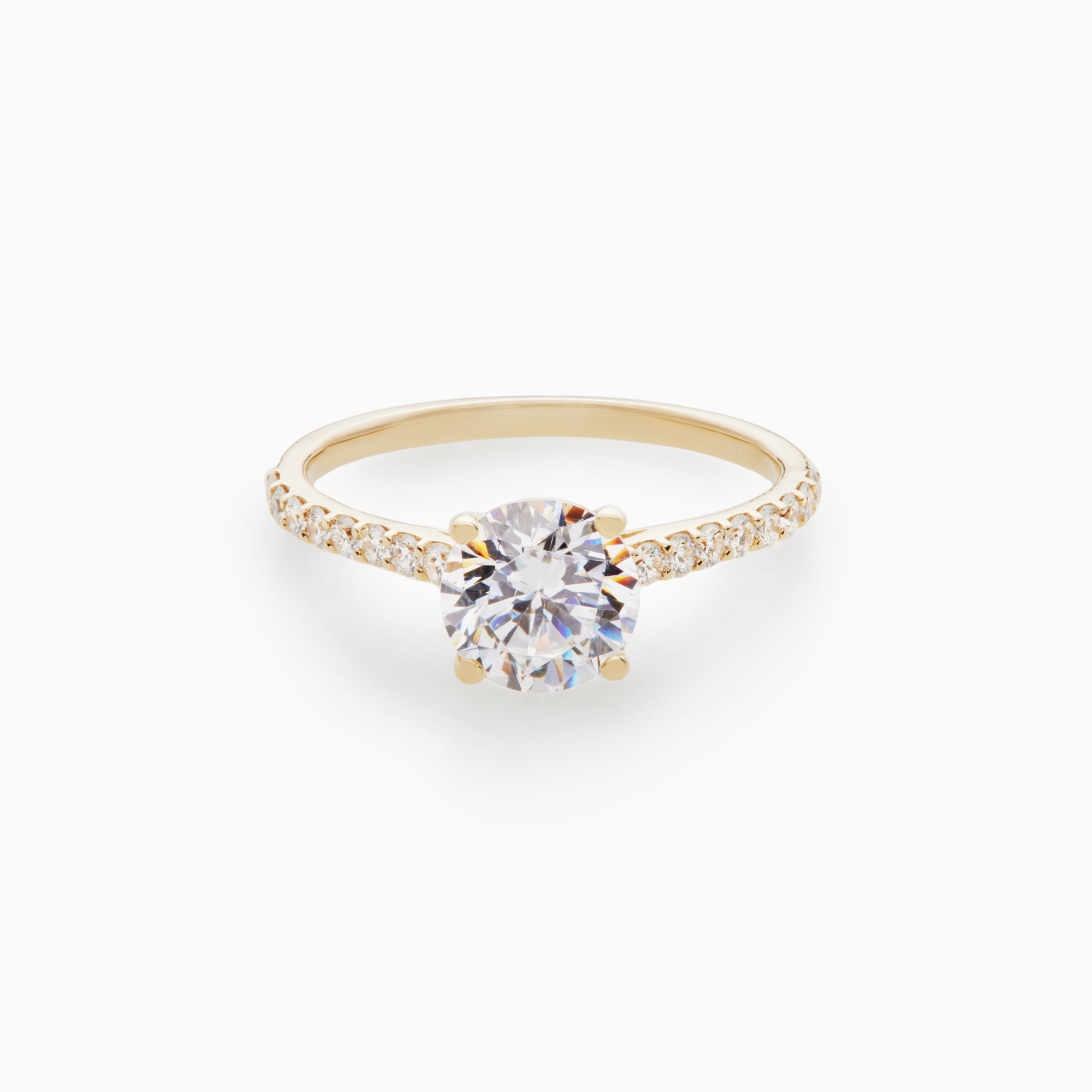 round brilliant diamond engagement ring with thin pave band