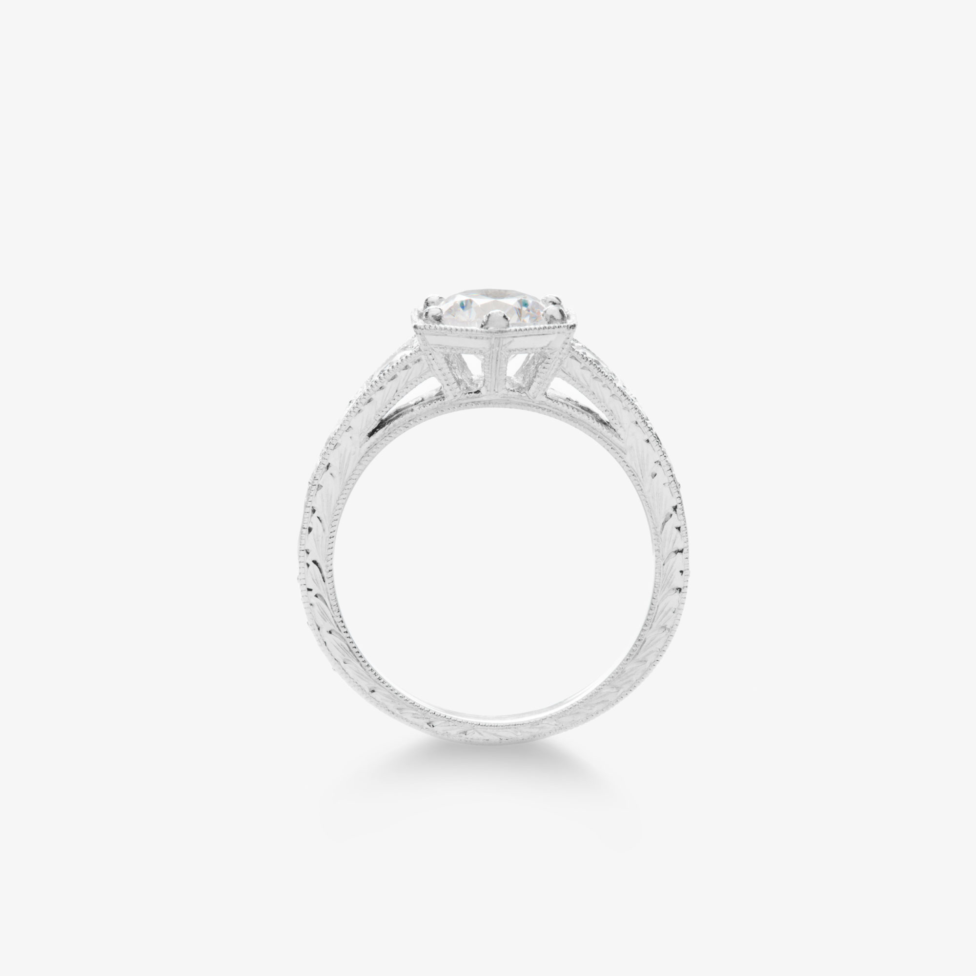 round brilliant diamond vintage style engagement ring with hexagon frame alt view