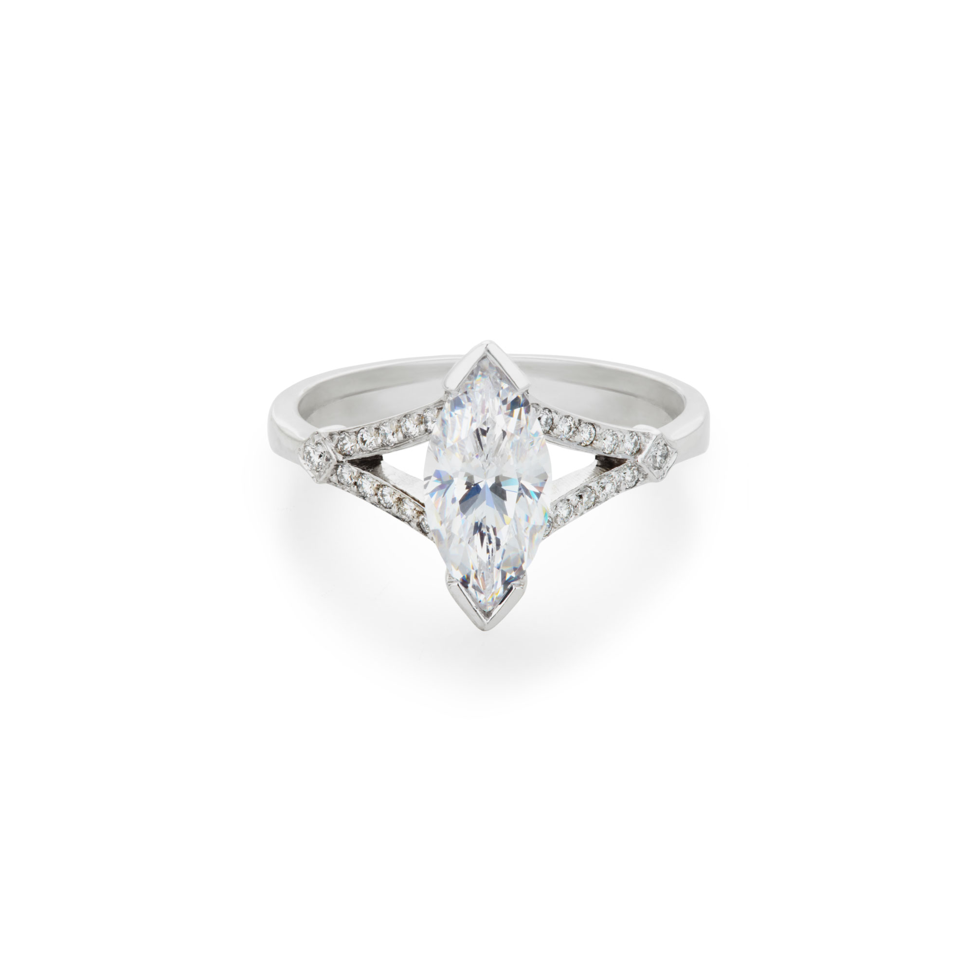 vintage style marquise diamond engagement ring with split shank design