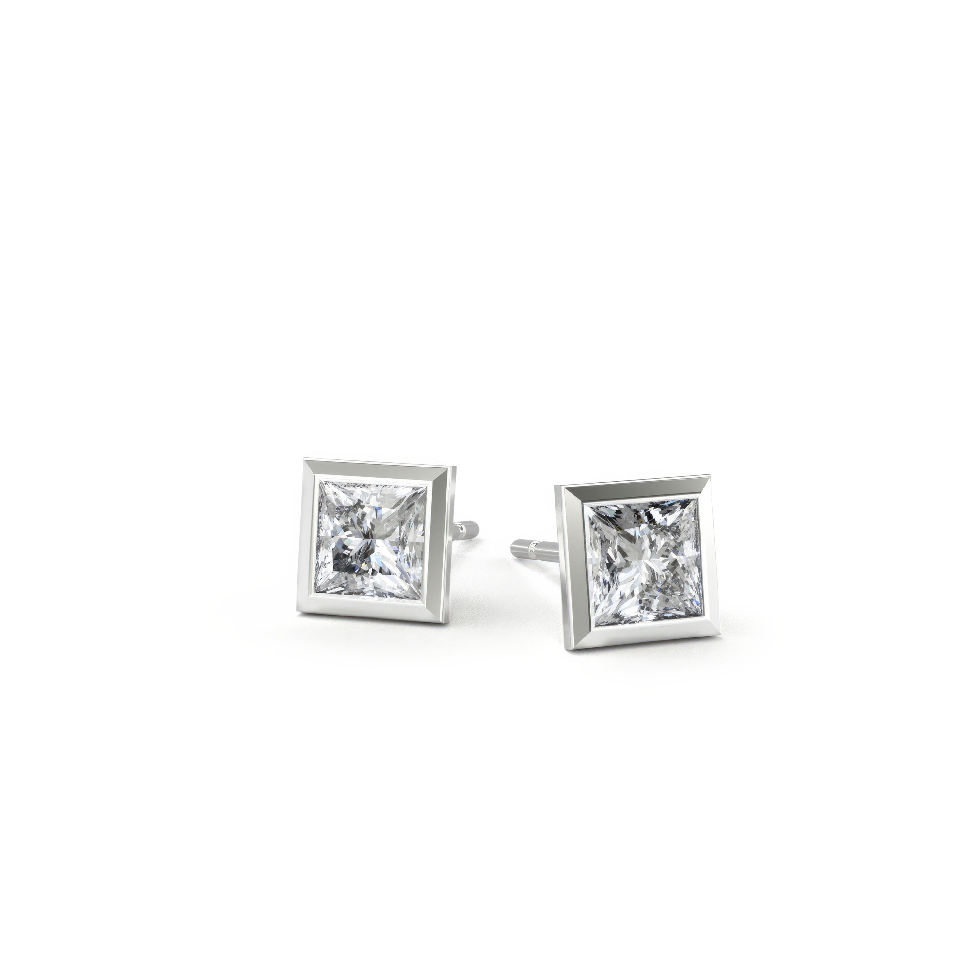 Princess Cut Bezel Stud White Gold Earrings