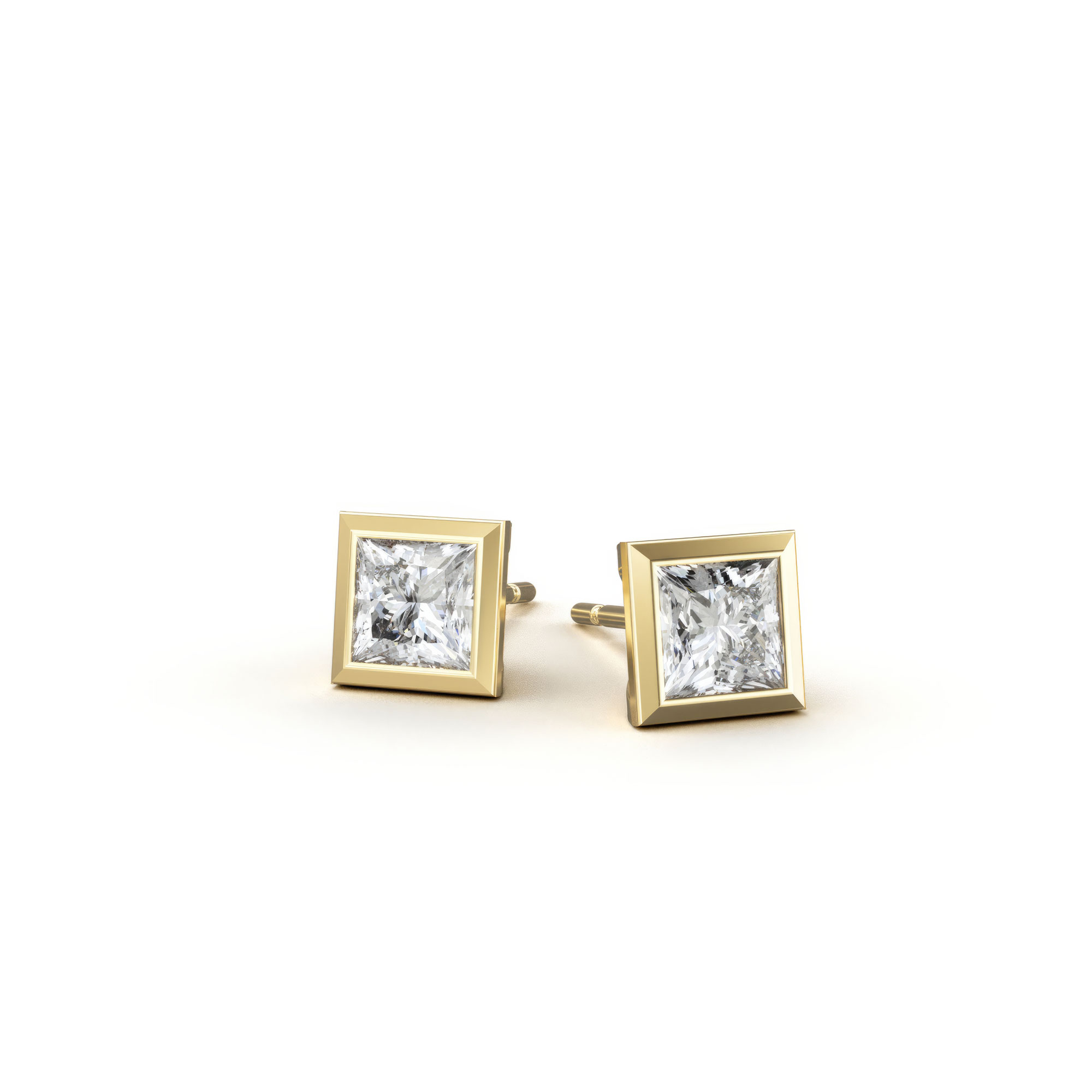 Princess Cut Bezel Stud Yellow Gold Earrings