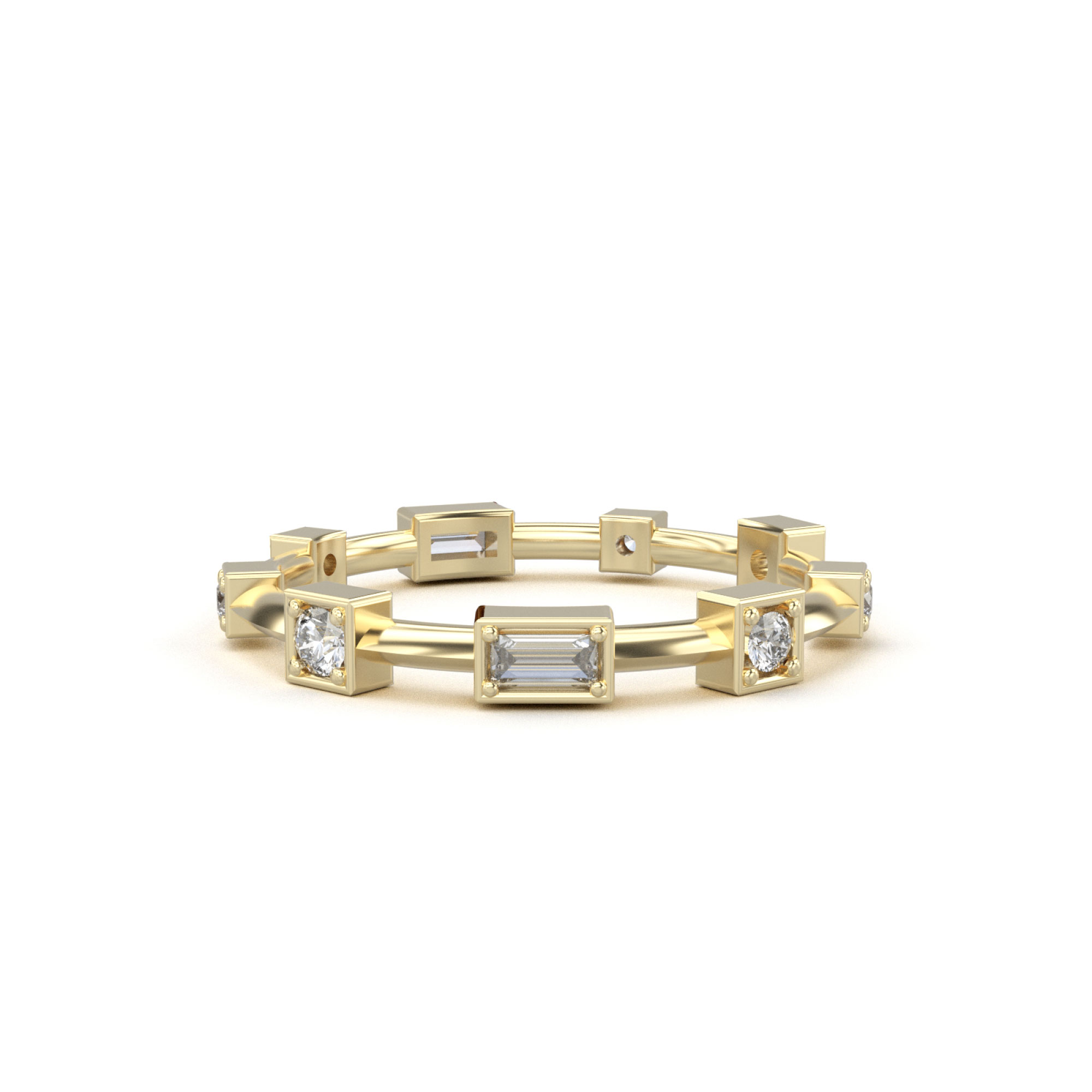 Baguette and Round Diamond Station Band Yellow Gold