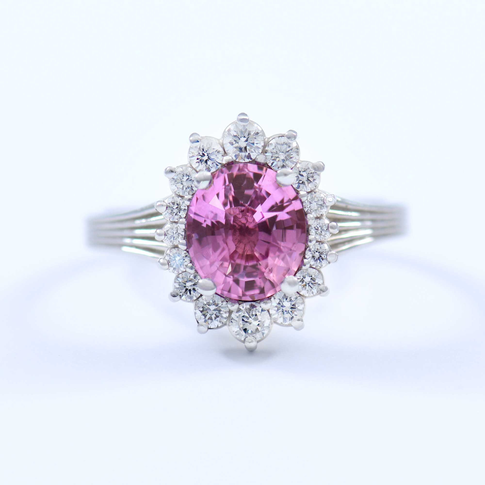 Pink Saphire DIamond Halo Grooved Band