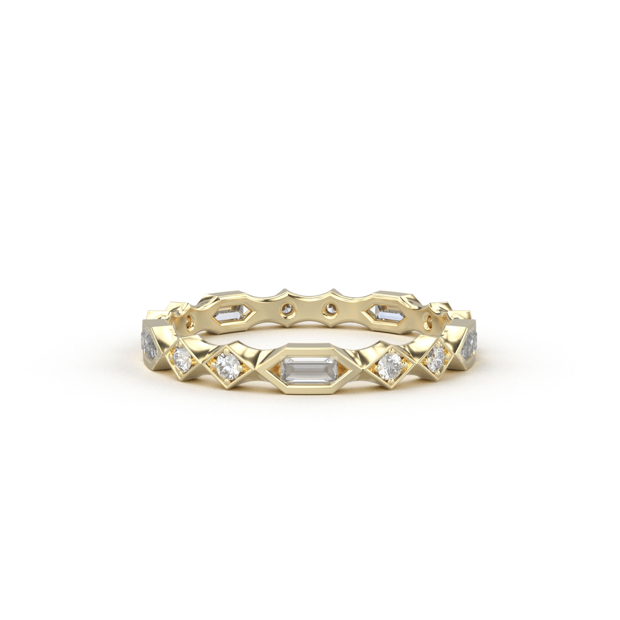 art deco baguettes on point round band yellow gold