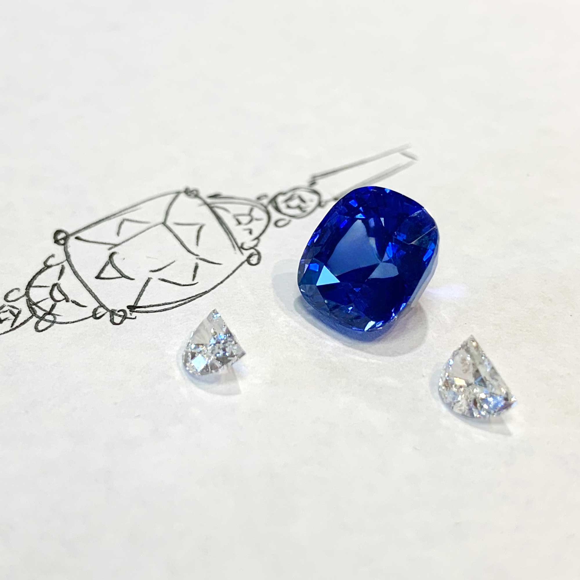 Sapphire Engagement Ring Gemstone with Half-moon Diamonds Accents and Custom Design Sketch