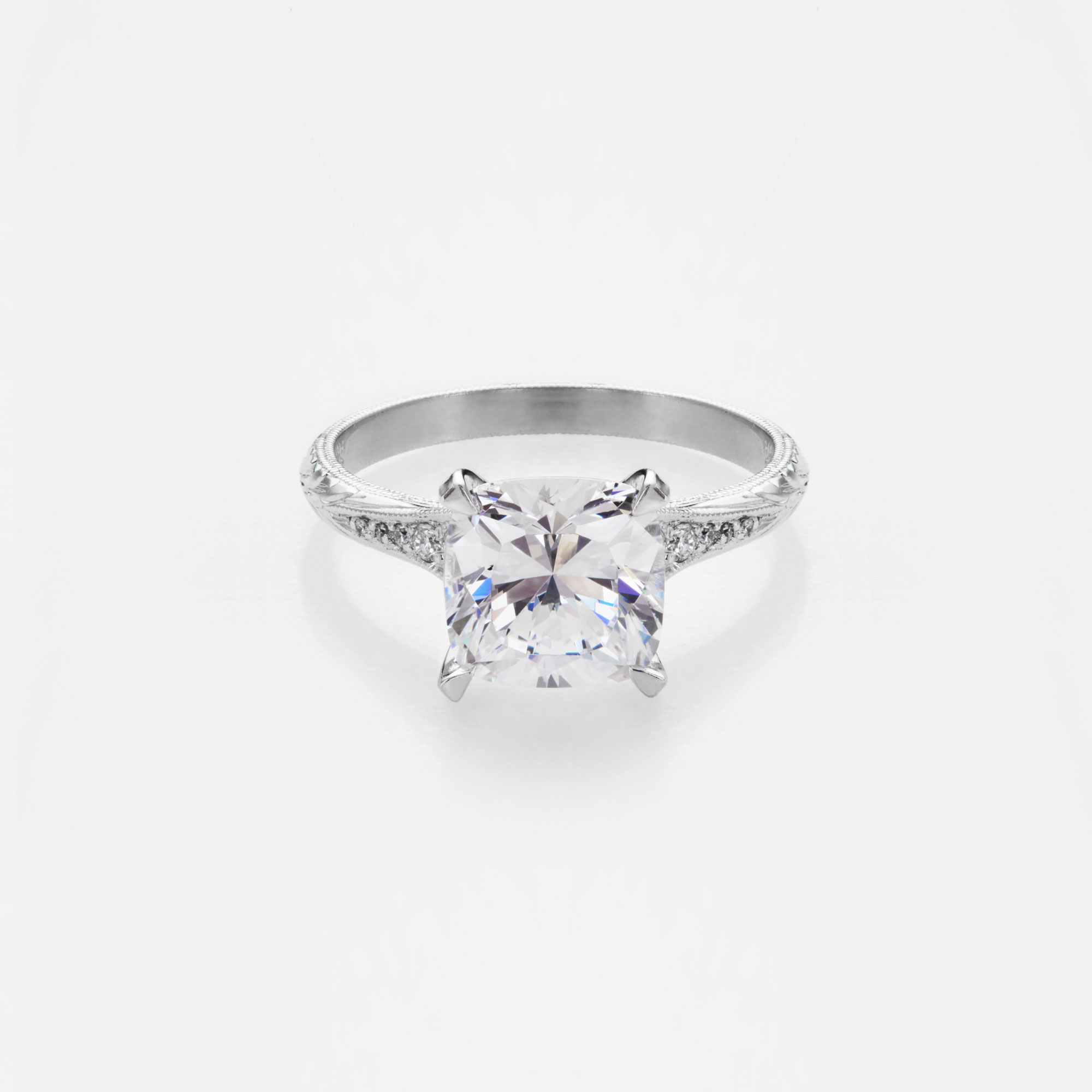 Hand Engraved Cushion Cut Engagement Ring with Diamond Accents