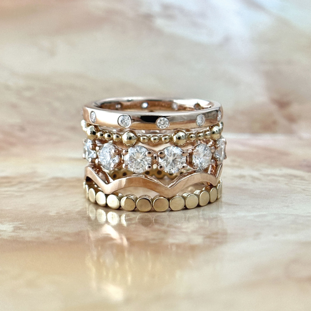 rose and yellow gold diamond stacking rings