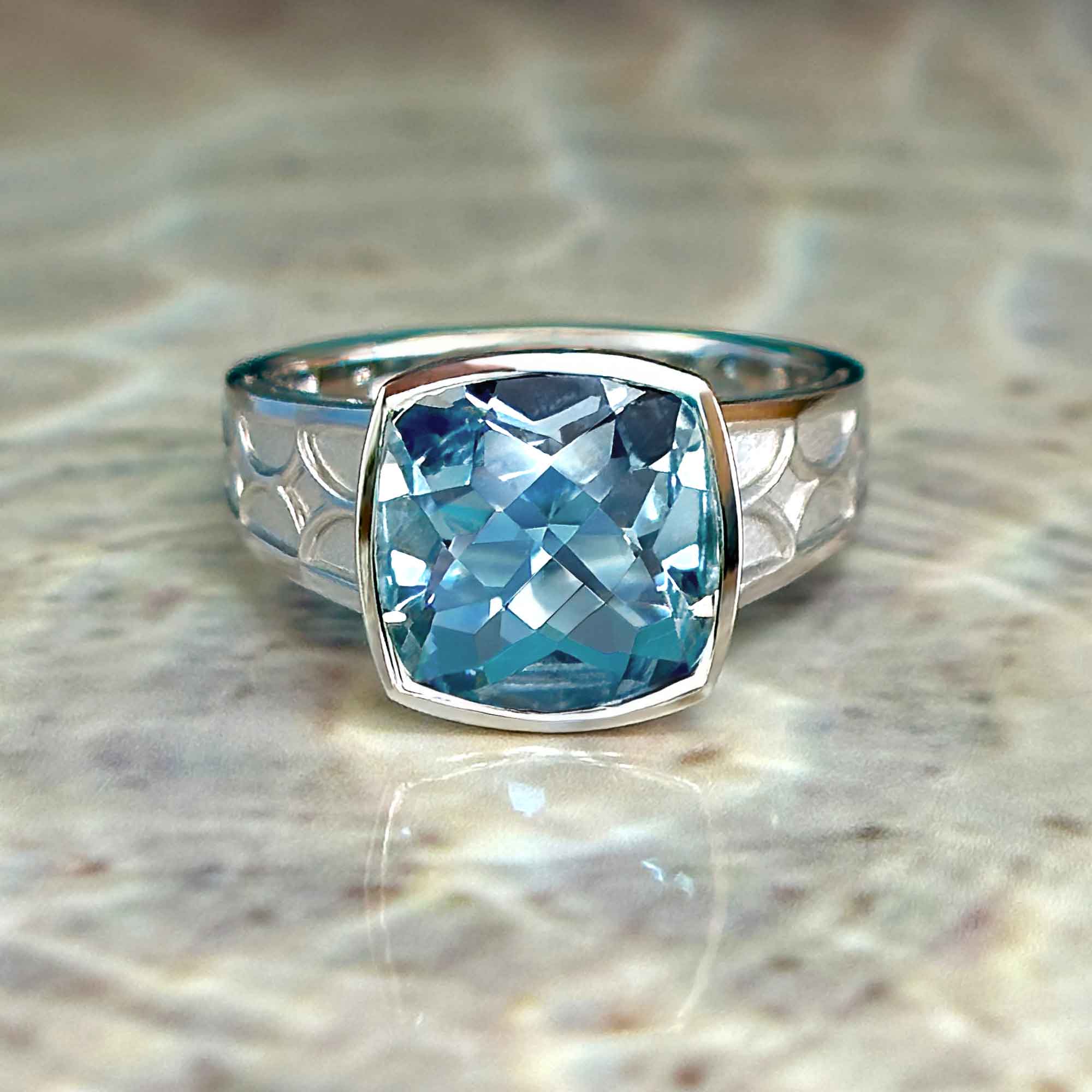 One Of A Kind Aquamarine Cushion Cut Checkerboard Ring