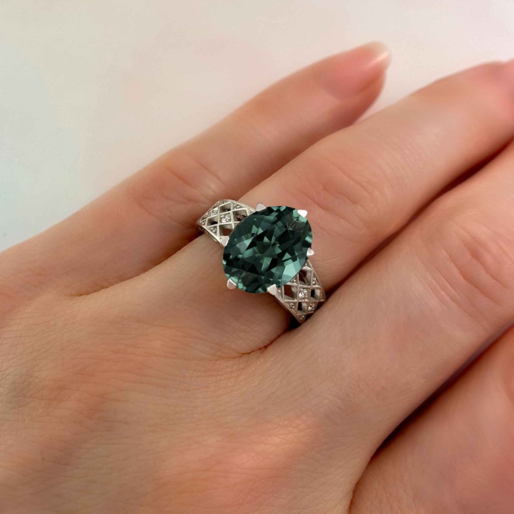 One Of A Kind Green Sapphire and Diamond Pave Harlequin Ring, on Hand