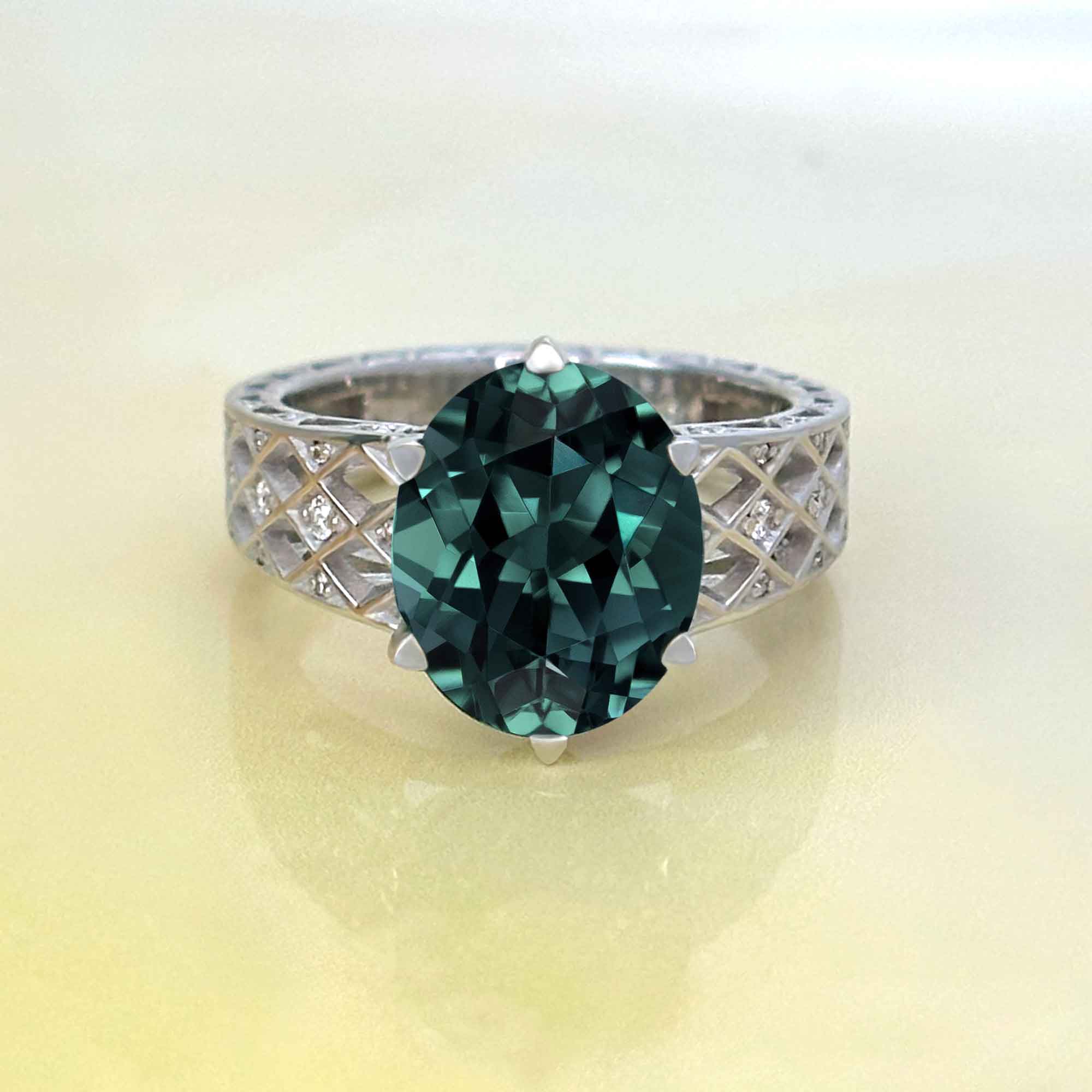 One Of A Kind Green Sapphire and Diamond Pave Harlequin Ring
