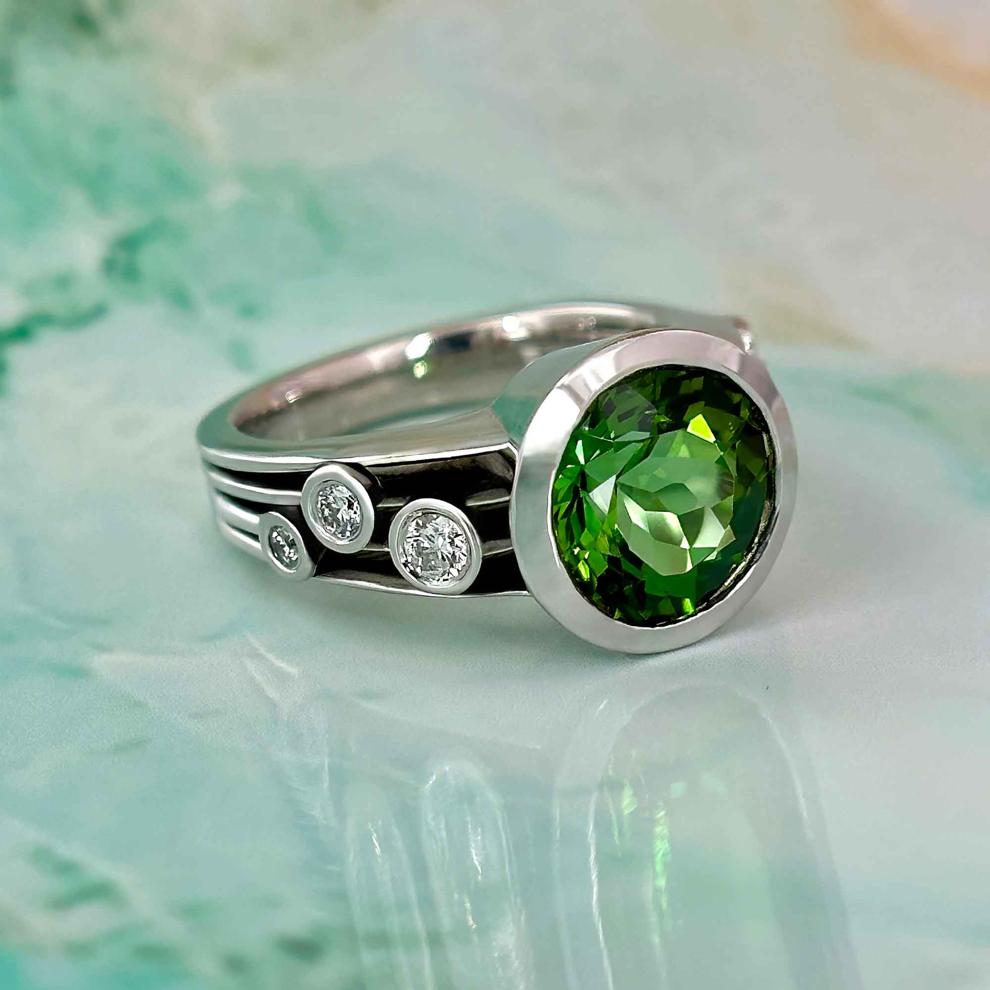 One Of A Kind Green Tourmaline and Diamond Multi Band Modern Ring