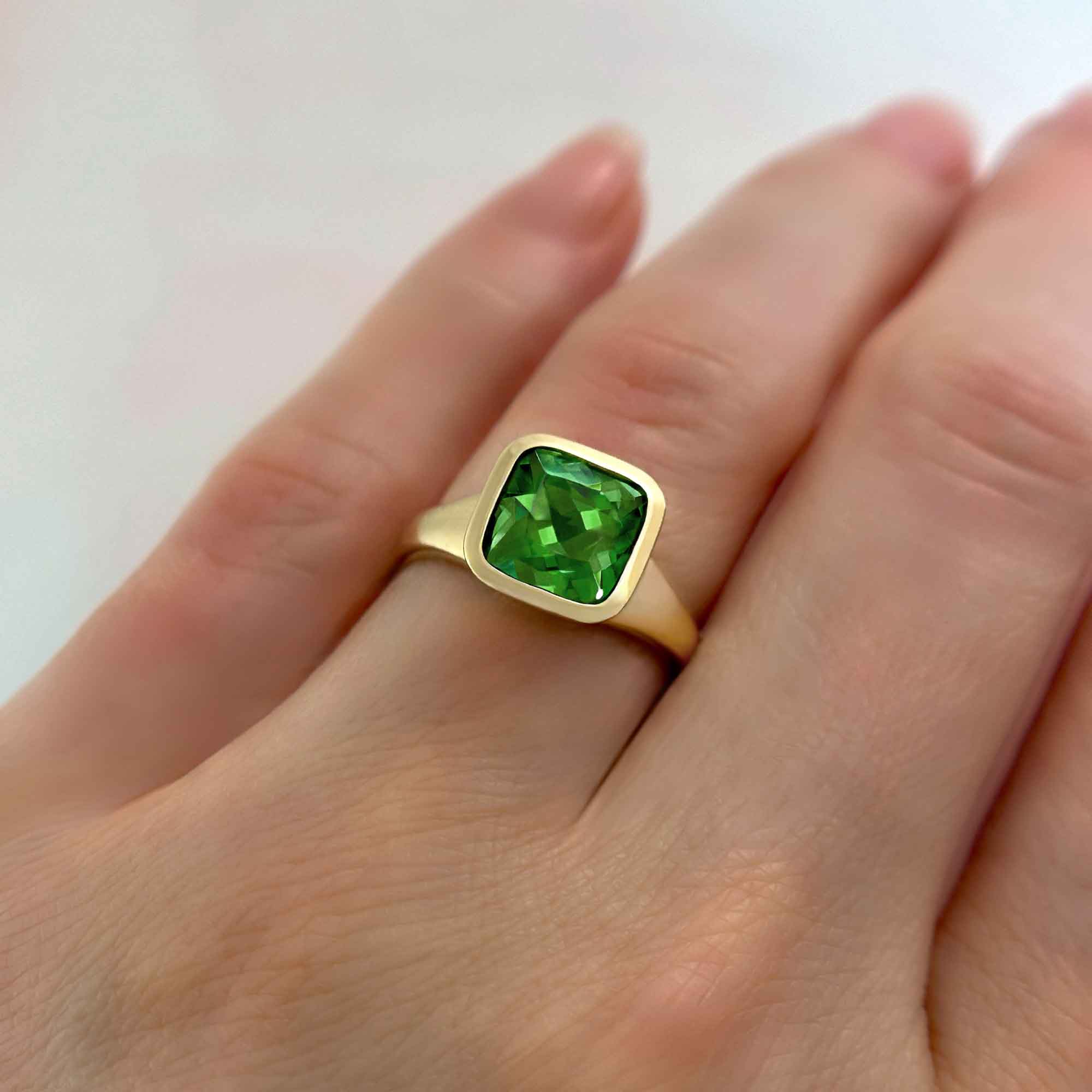 One Of A Kind Green Tourmaline Cushion Cut Ring, on Hand