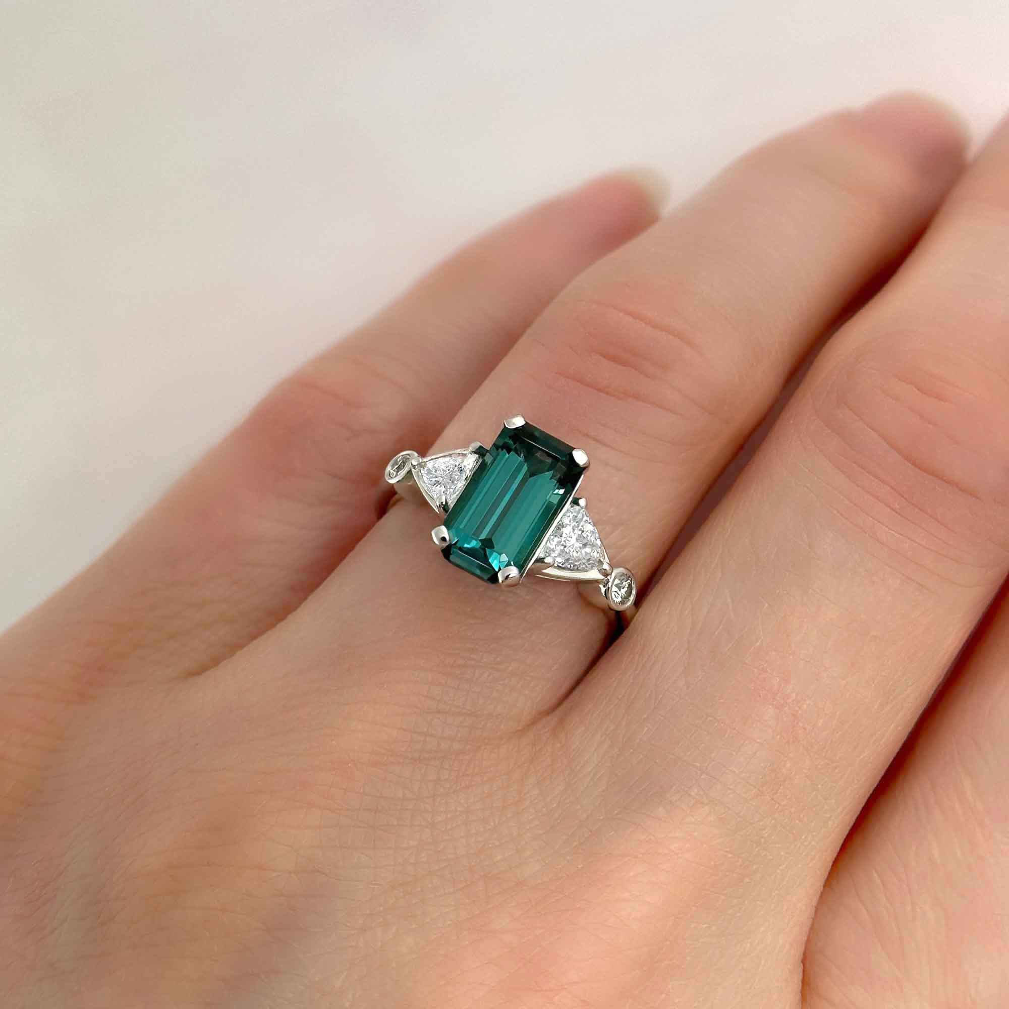 One Of A Kind Green Tourmaline Emerald Cut Art Deco Ring, on Hand