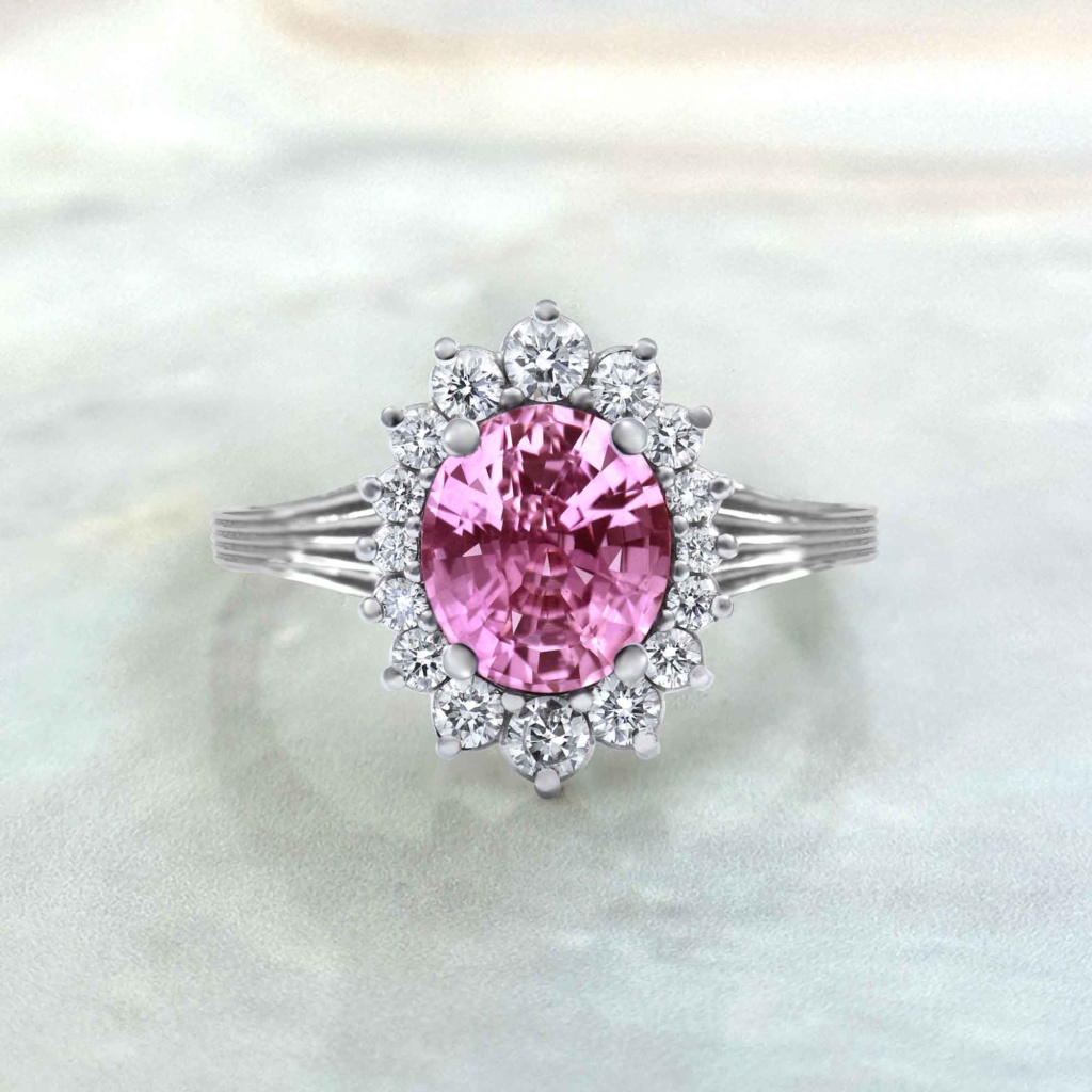 One Of A Kind Pink Sapphire and Diamond Halo Ring