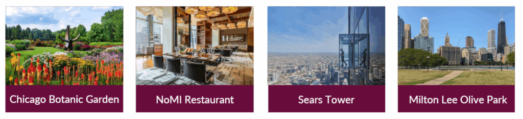 Chicago Proposal Ideas: Chicago Botanic Garden, NoMI Restaurant, Sears Tower, Milton Lee Olive Park