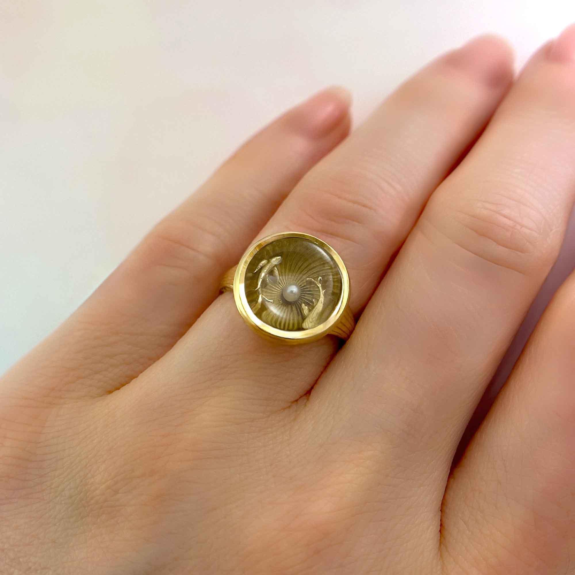 One Of A Kind Koy Fish Through the Looking Glass Yellow Gold Ring On Hand