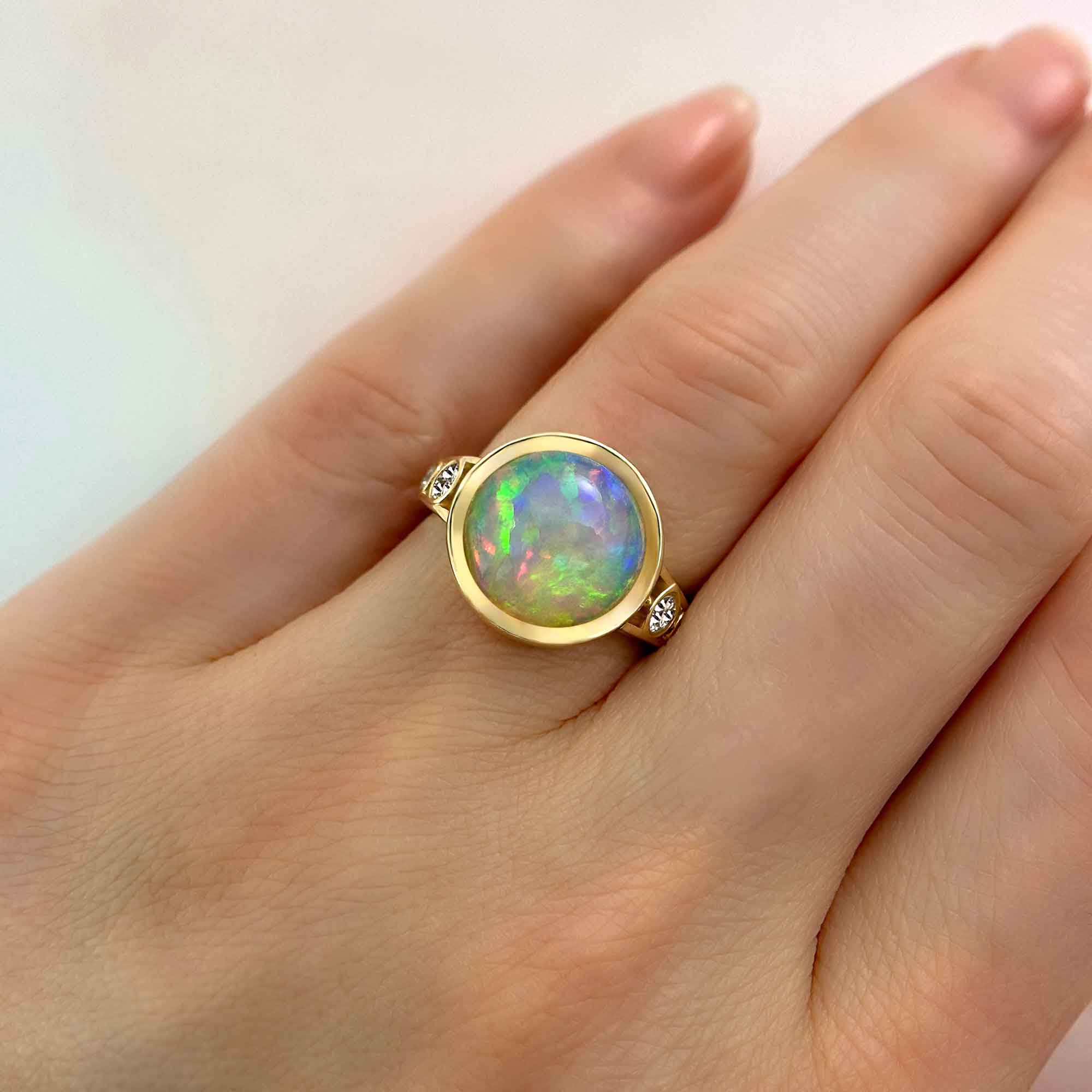 One Of A Kind Opal and Diamond Bezel Set Ring, on Hand