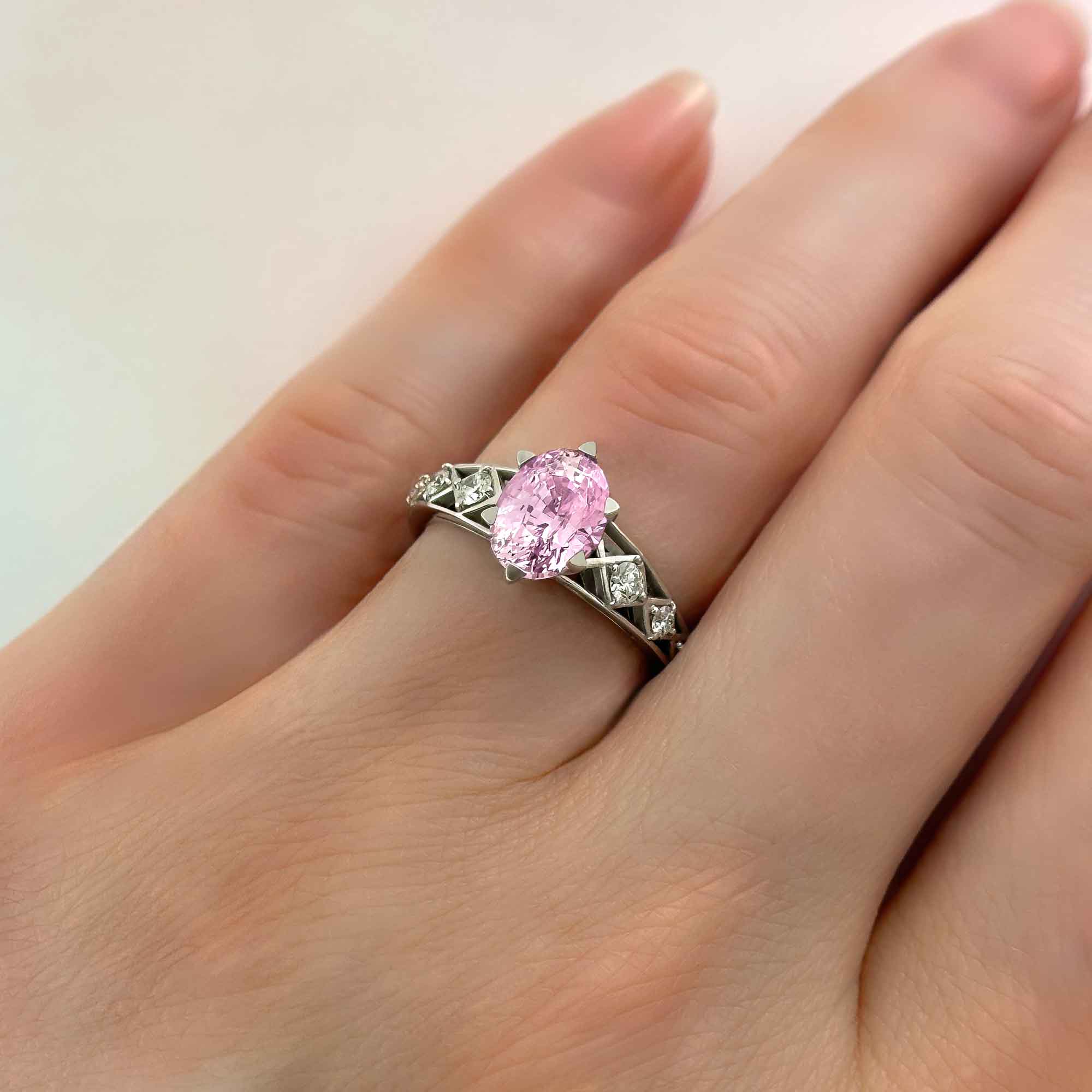 One Of A Kind Pink Sapphire and Diamond Harlequin Ring, on Hand