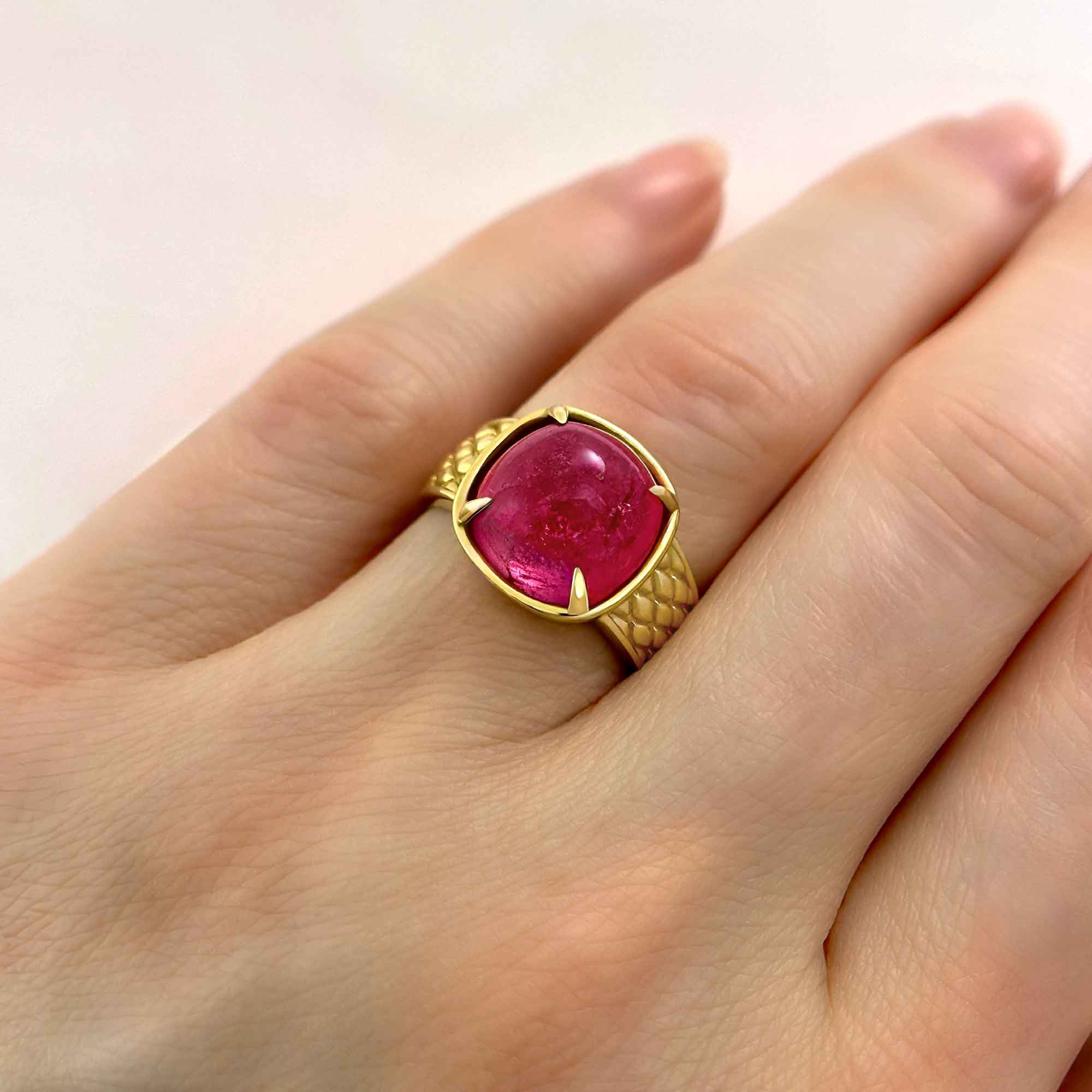 One Of A Kind Pink Tourmaline Cabochon Ring with Tuck and Roll Pattern, on Hand