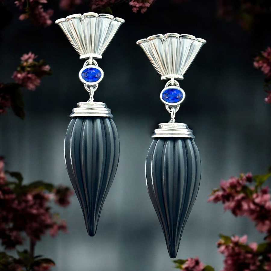 art deco blue gem with carved gem drops