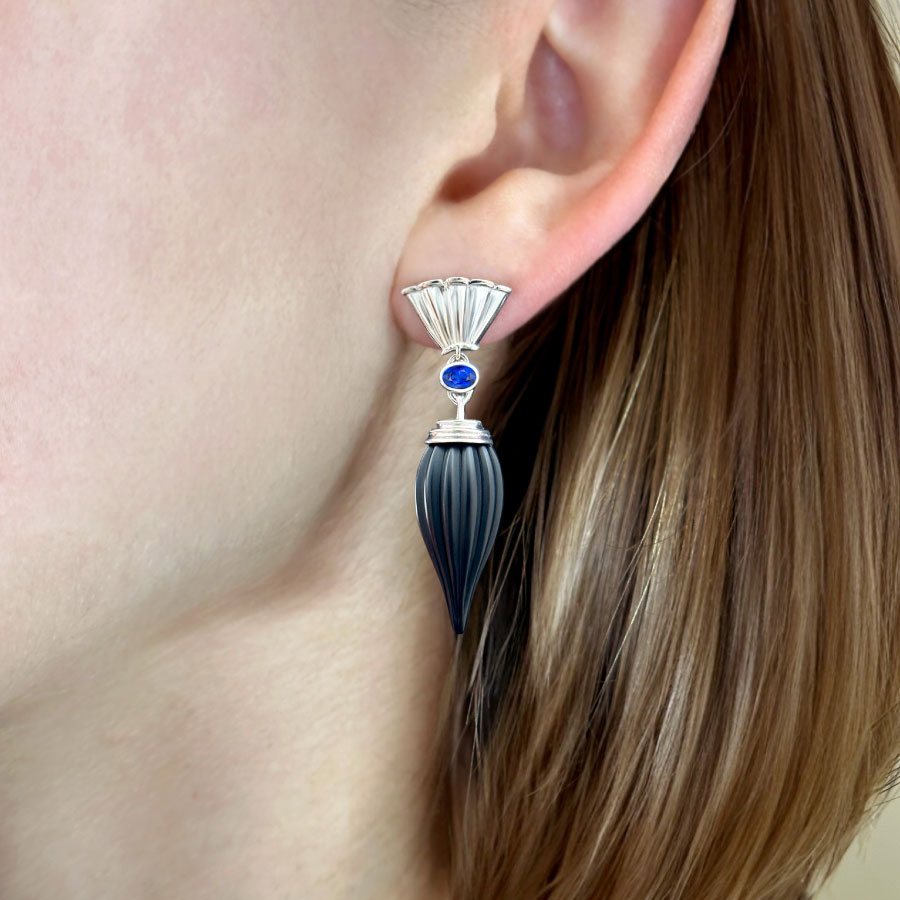 art deco blue gem with carved gem drops on ear