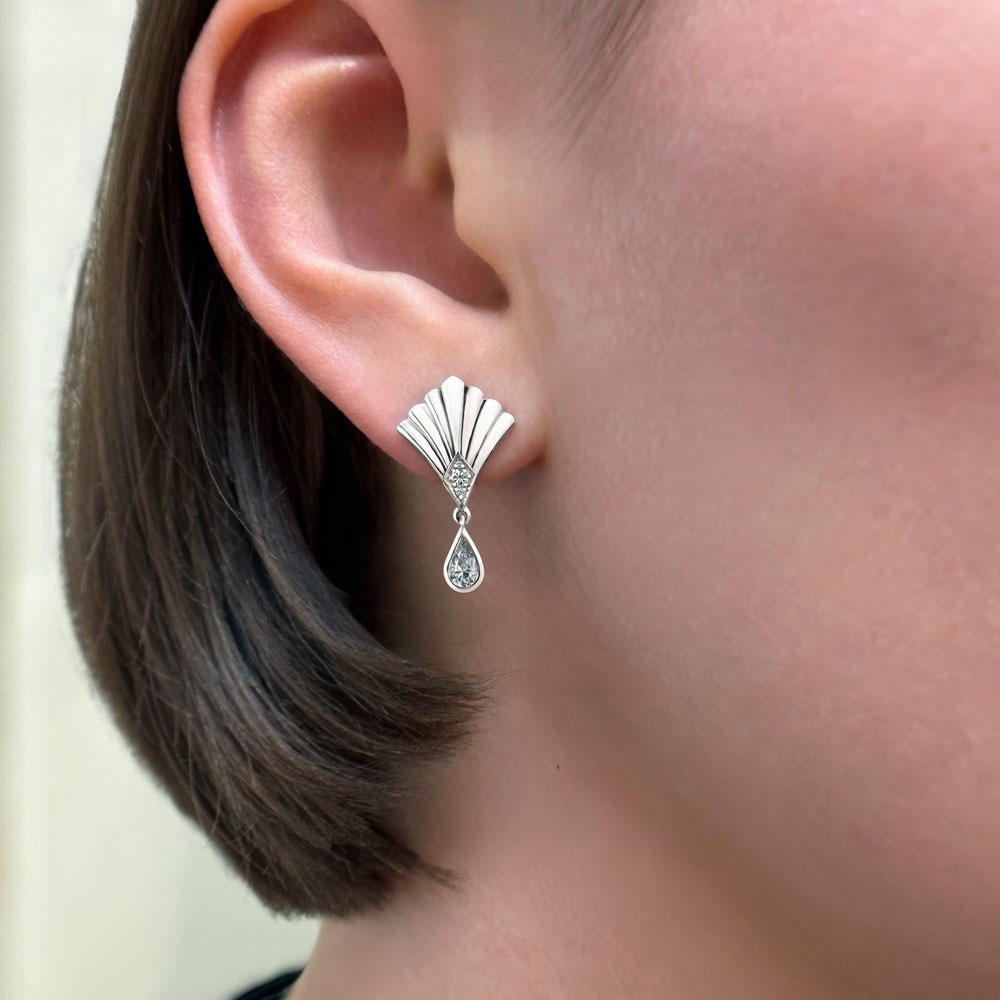 art deco fan diamond earrings with pear shaped diamond drops