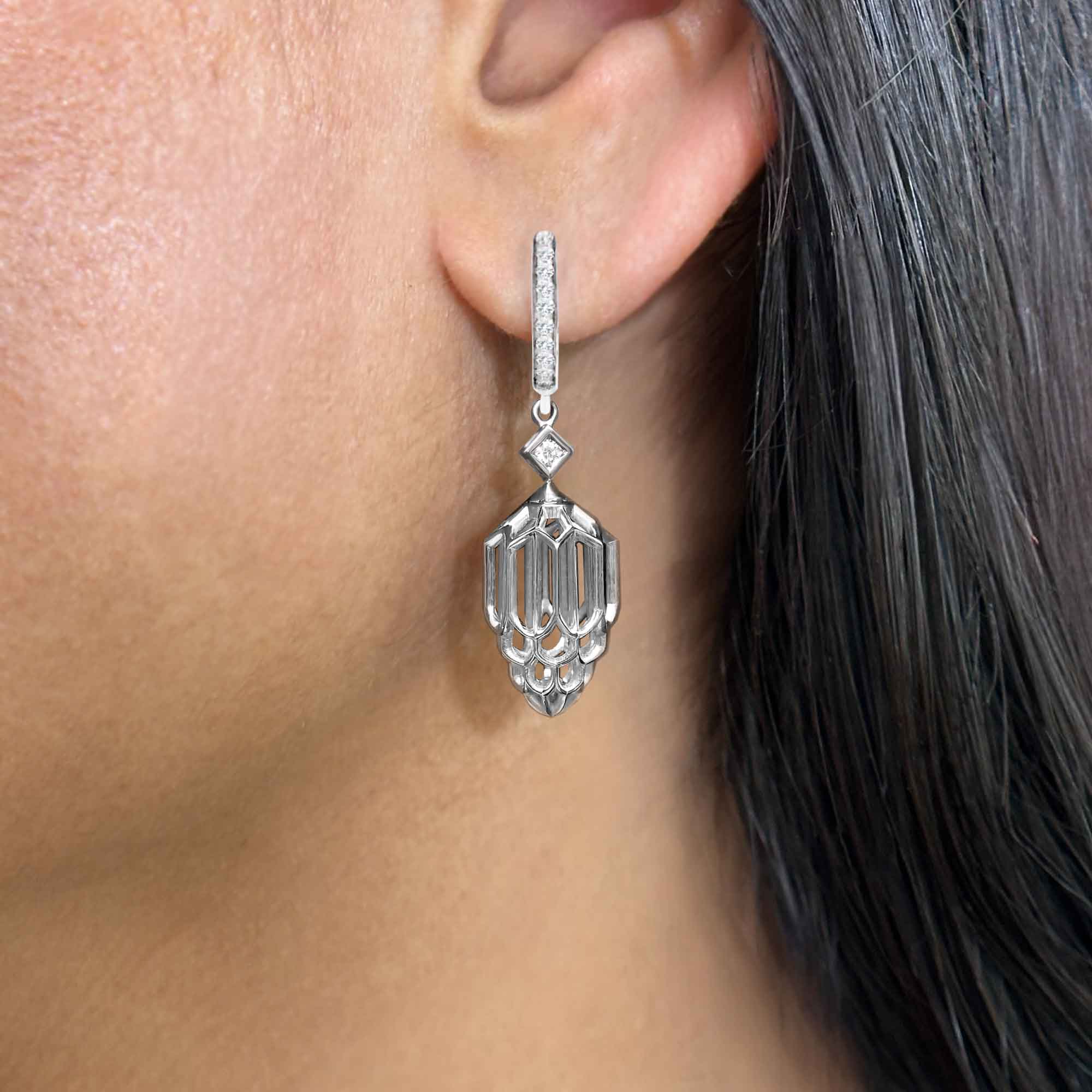 Art Deco Lantern Drop Earrings, on Ear