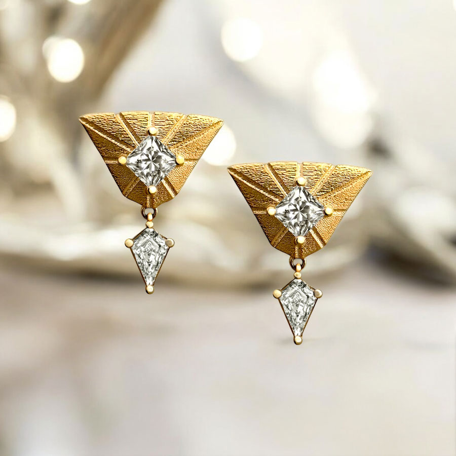 art deco shields and squares diamond earrings yellow gold