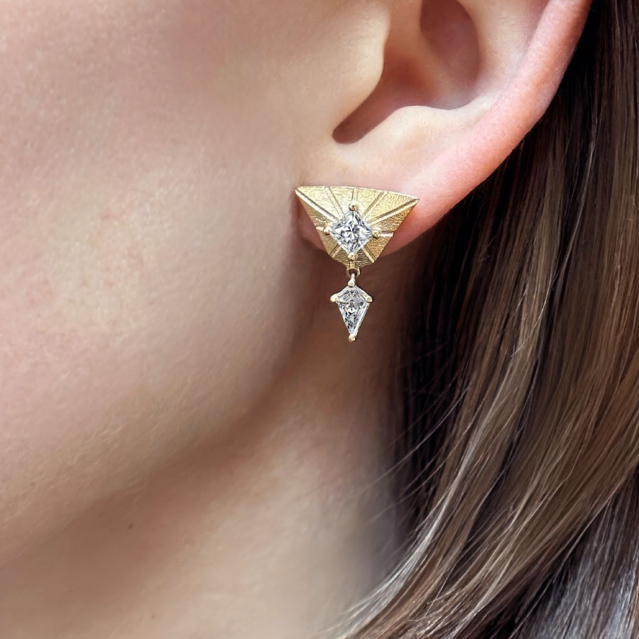 art deco shields and squares diamond earrings yellow gold