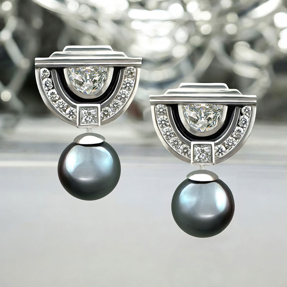 art deco style black pearl diamond earrings