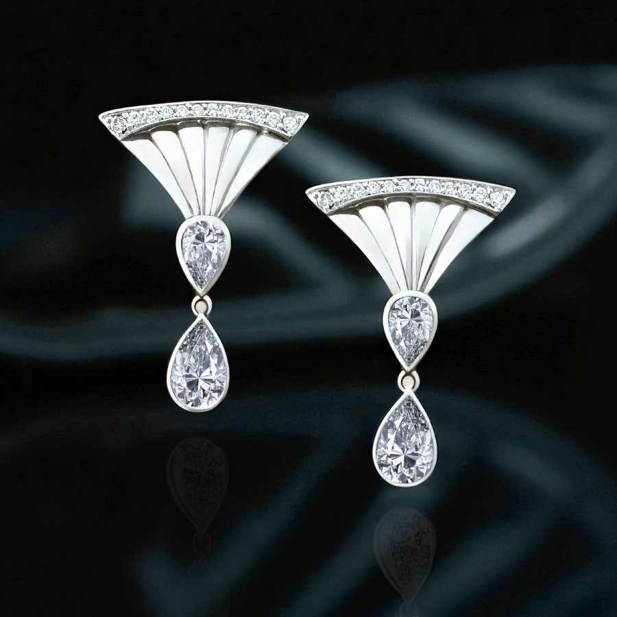 art deco white gold fan earrings with 2 diamond pears
