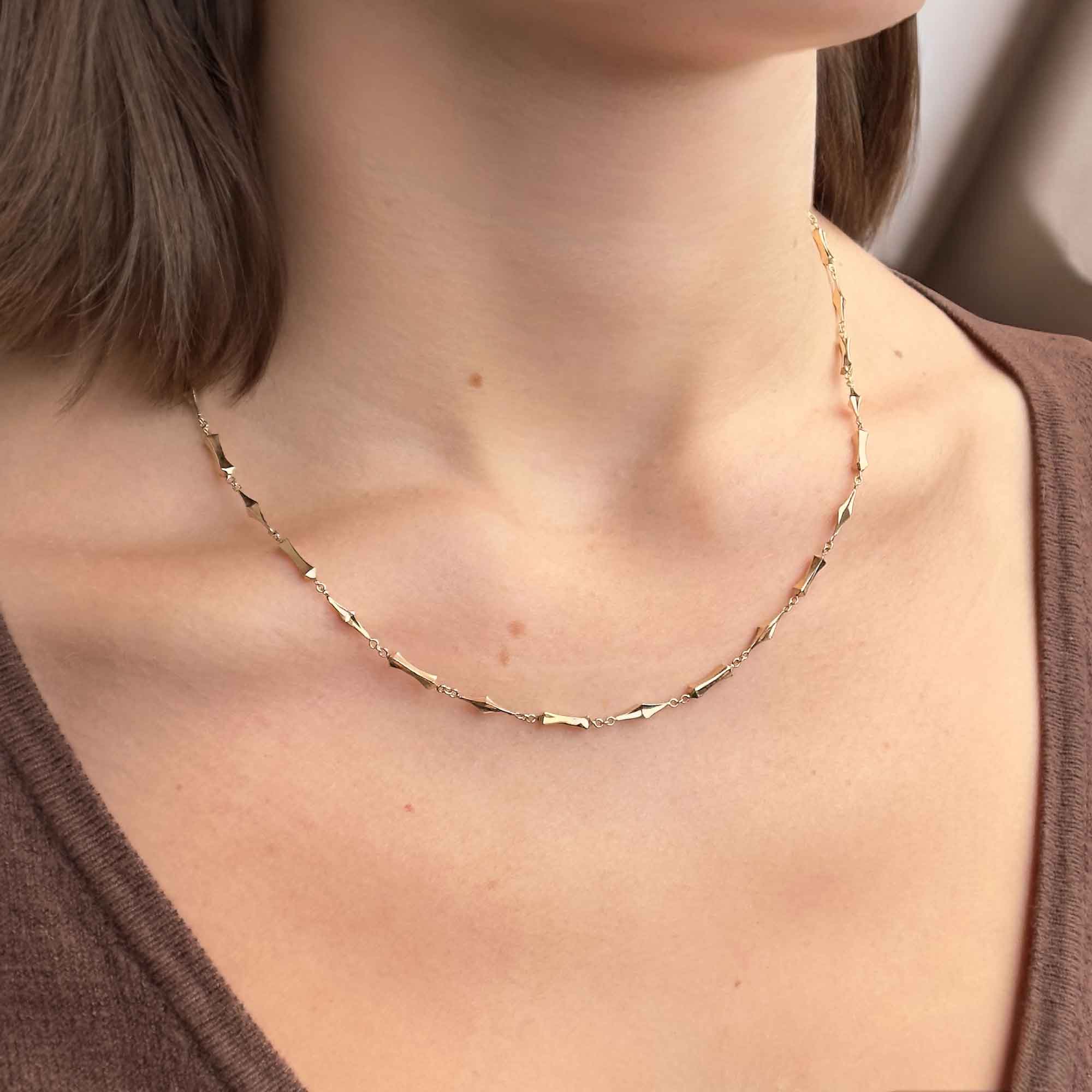 Faceted Gold Bars Necklace, on neck