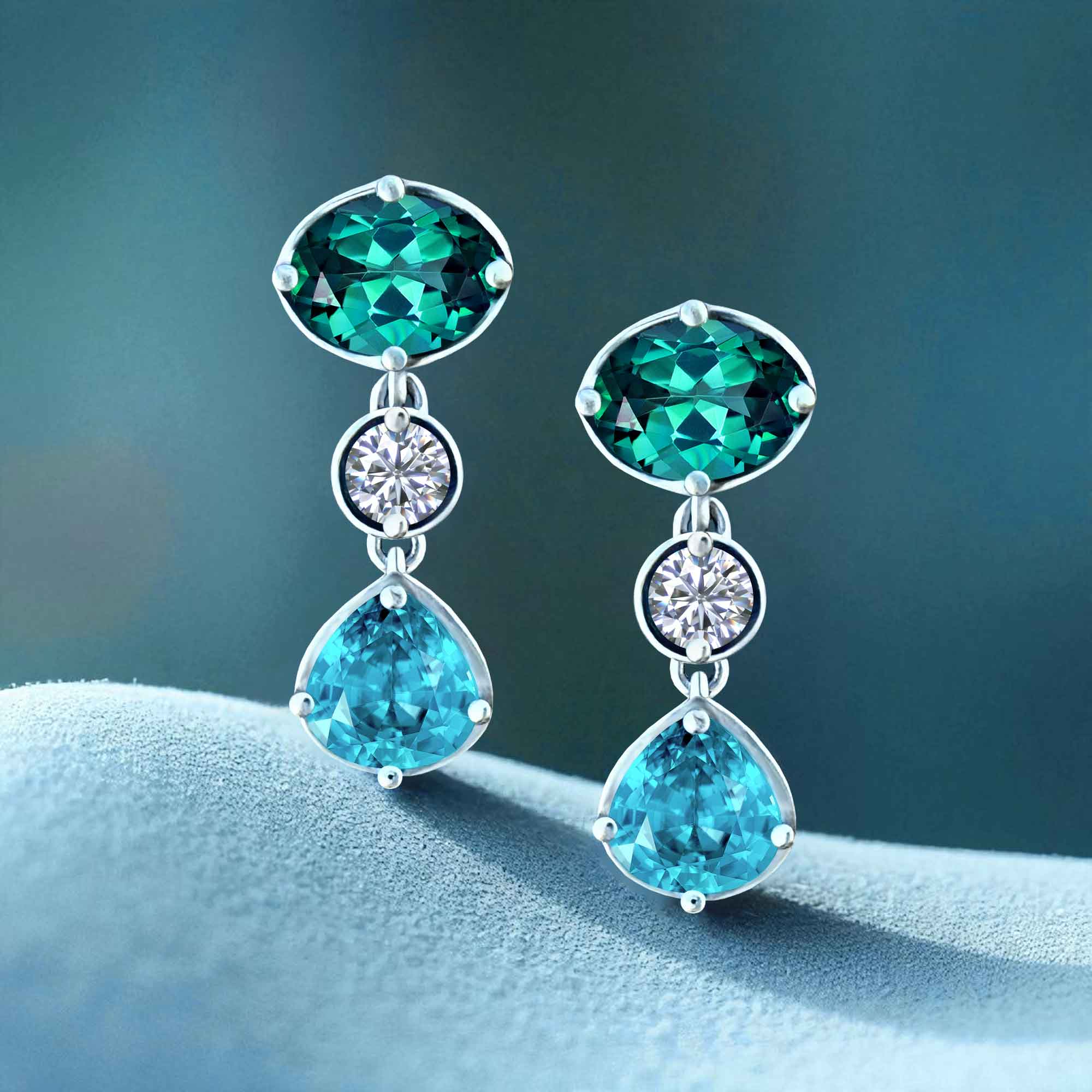 One of a Kind Green Tourmaline and Blue Zircon Drop Earrings