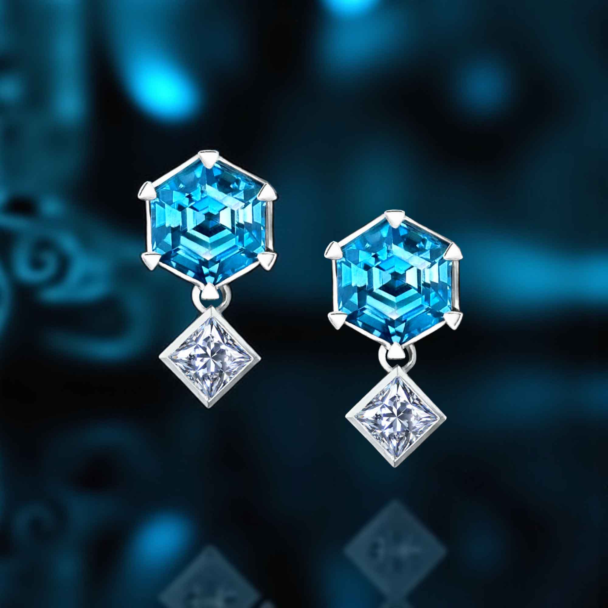 One of a Kind Hexagon Blue Zircon and Diamond Drop Earrings