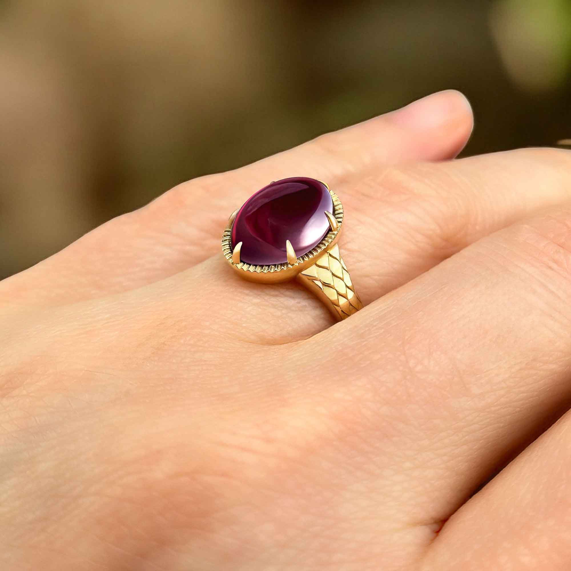 Sun Disc Halo Rhodolite Garnet Ring, on Hand