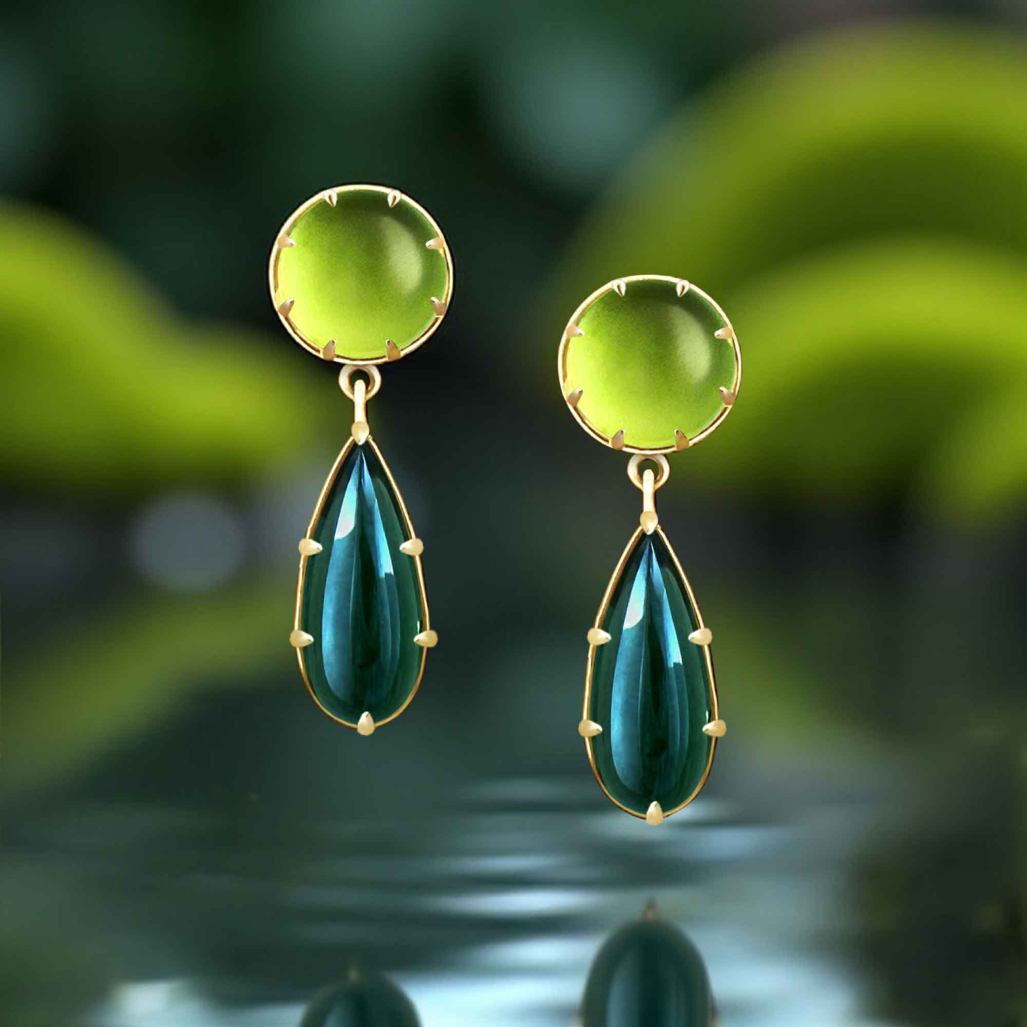 One of a Kind Tourmaline and Peridot Cabochon Drop Earrings