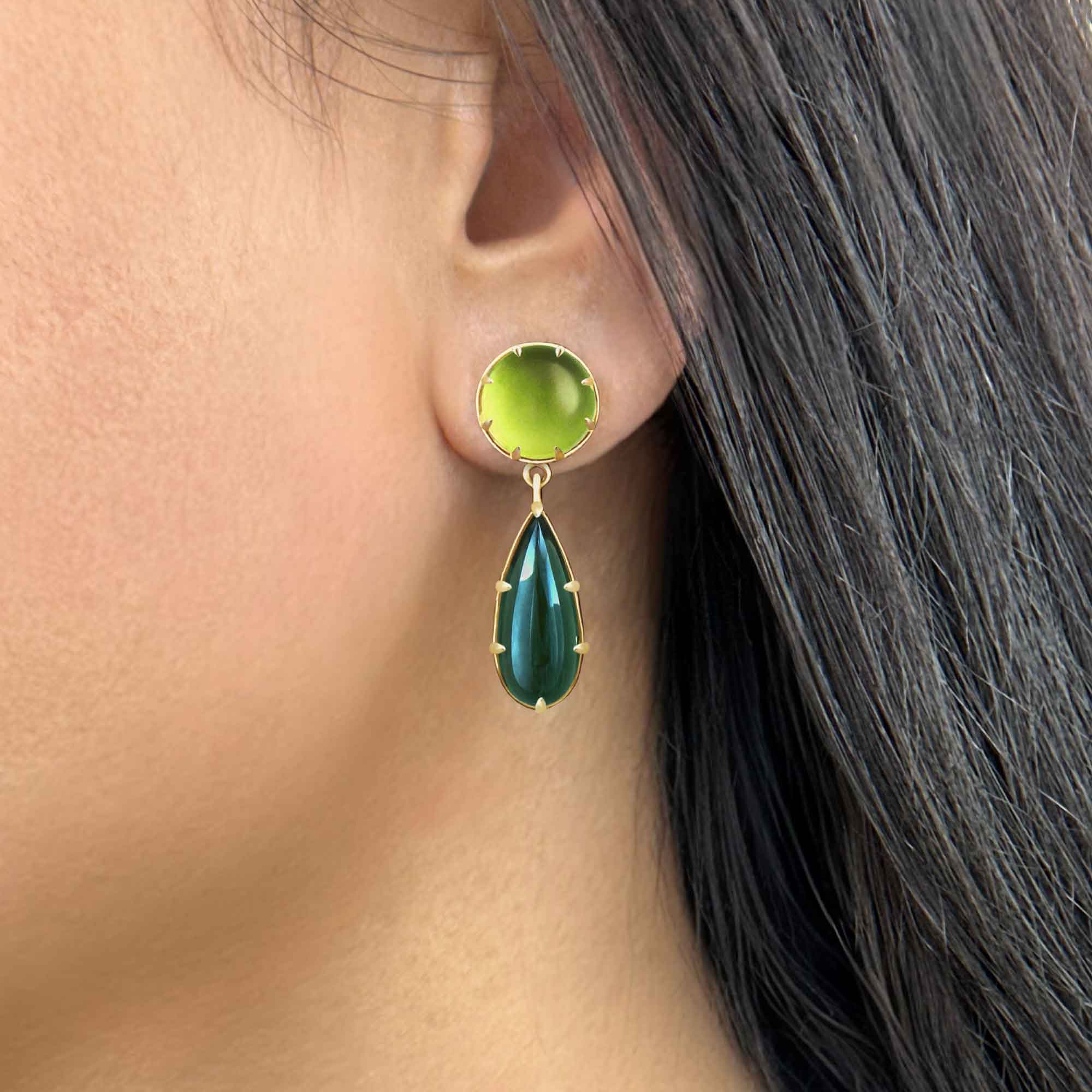 One of a Kind Tourmaline and Peridot Cabochon Drop Earrings, ON EAR