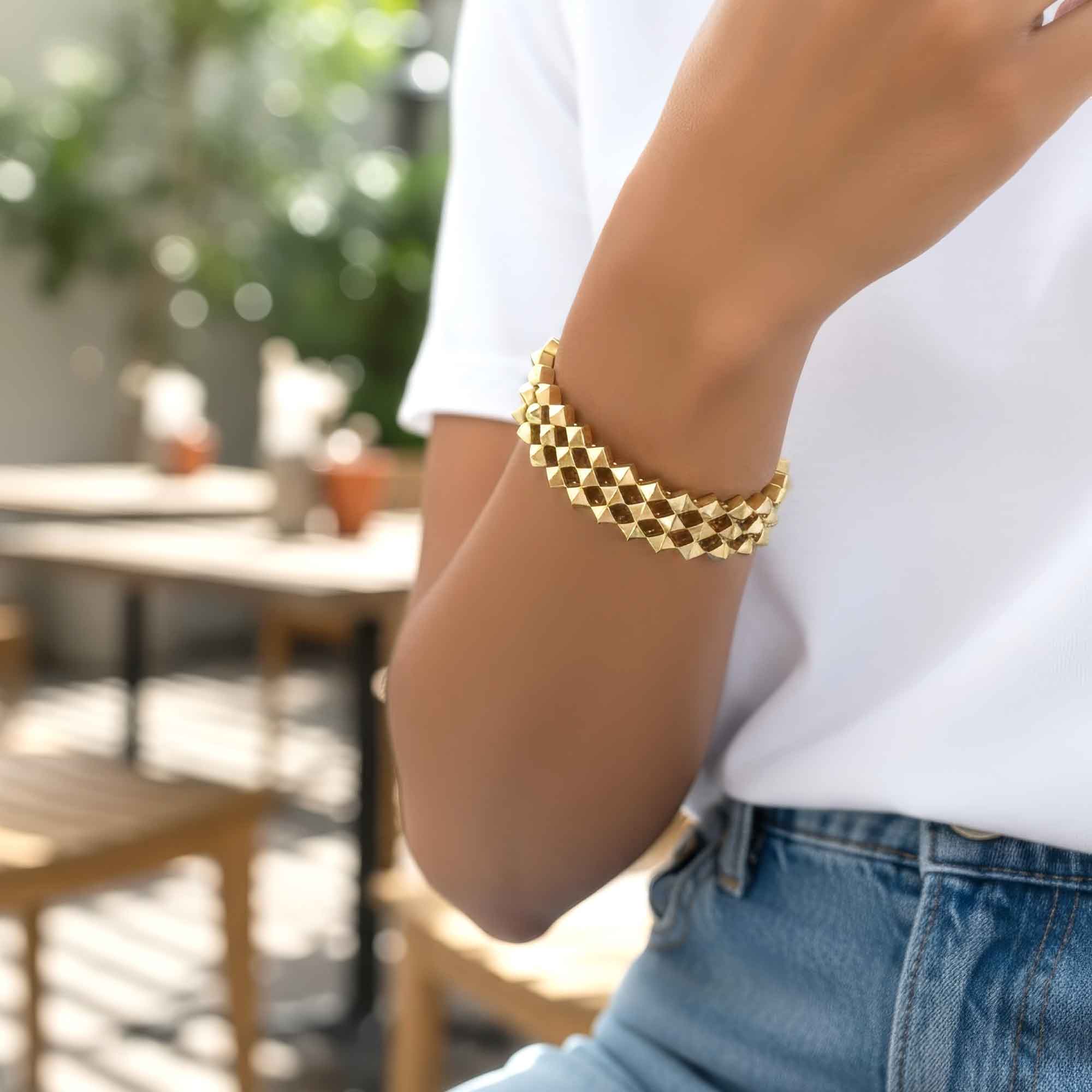 Triple pyramid bracelet, on wrist