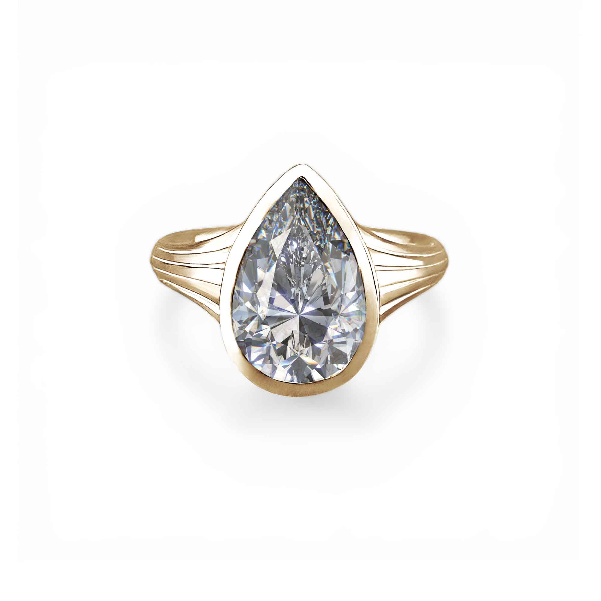 Pear-Shape Diamond Bezel-Set Retro Grooved Ring