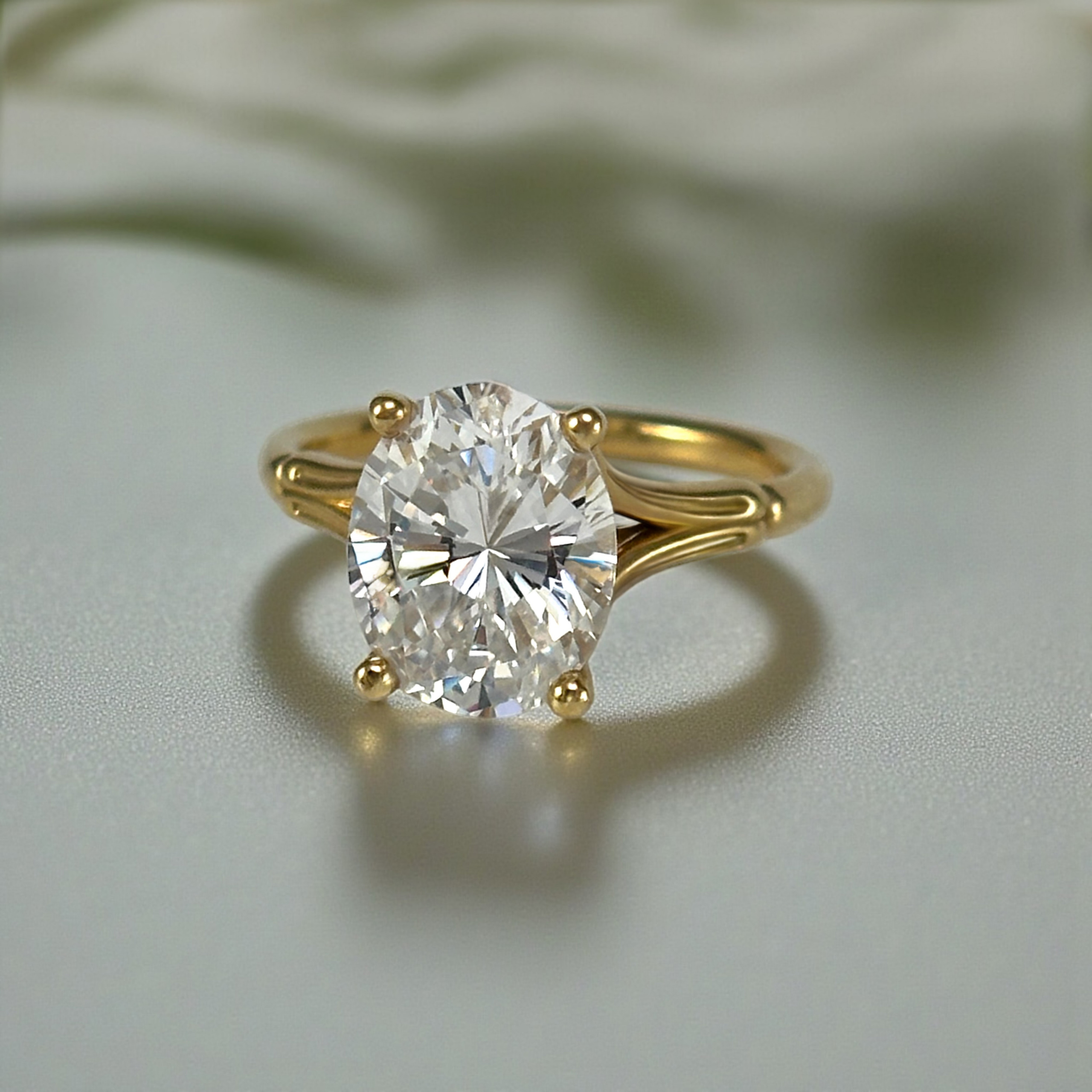 Oval Diamond Split Shank and Grooved Band Engagement Ring