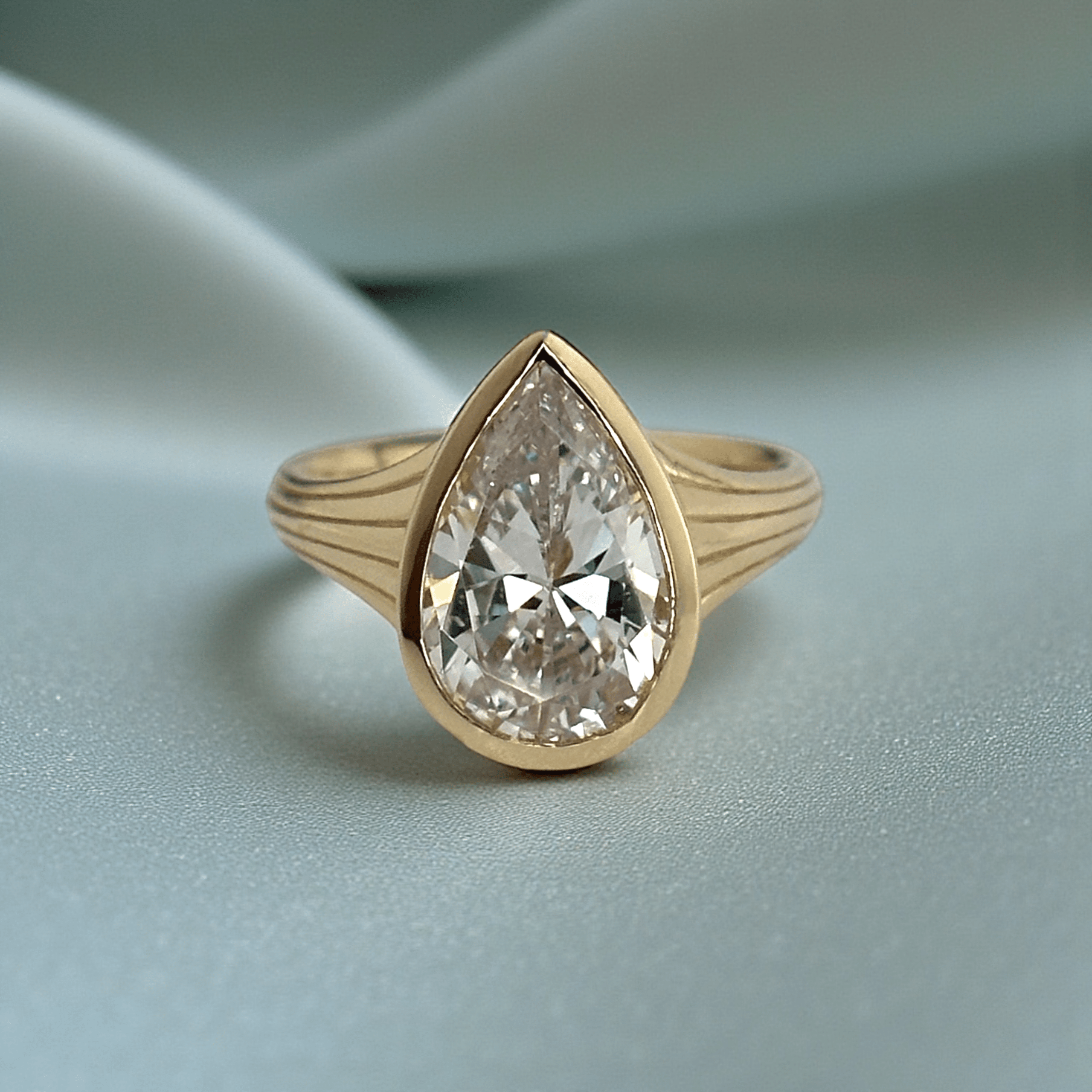 Pear-Shape Diamond Bezel-Set Retro Grooved Ring