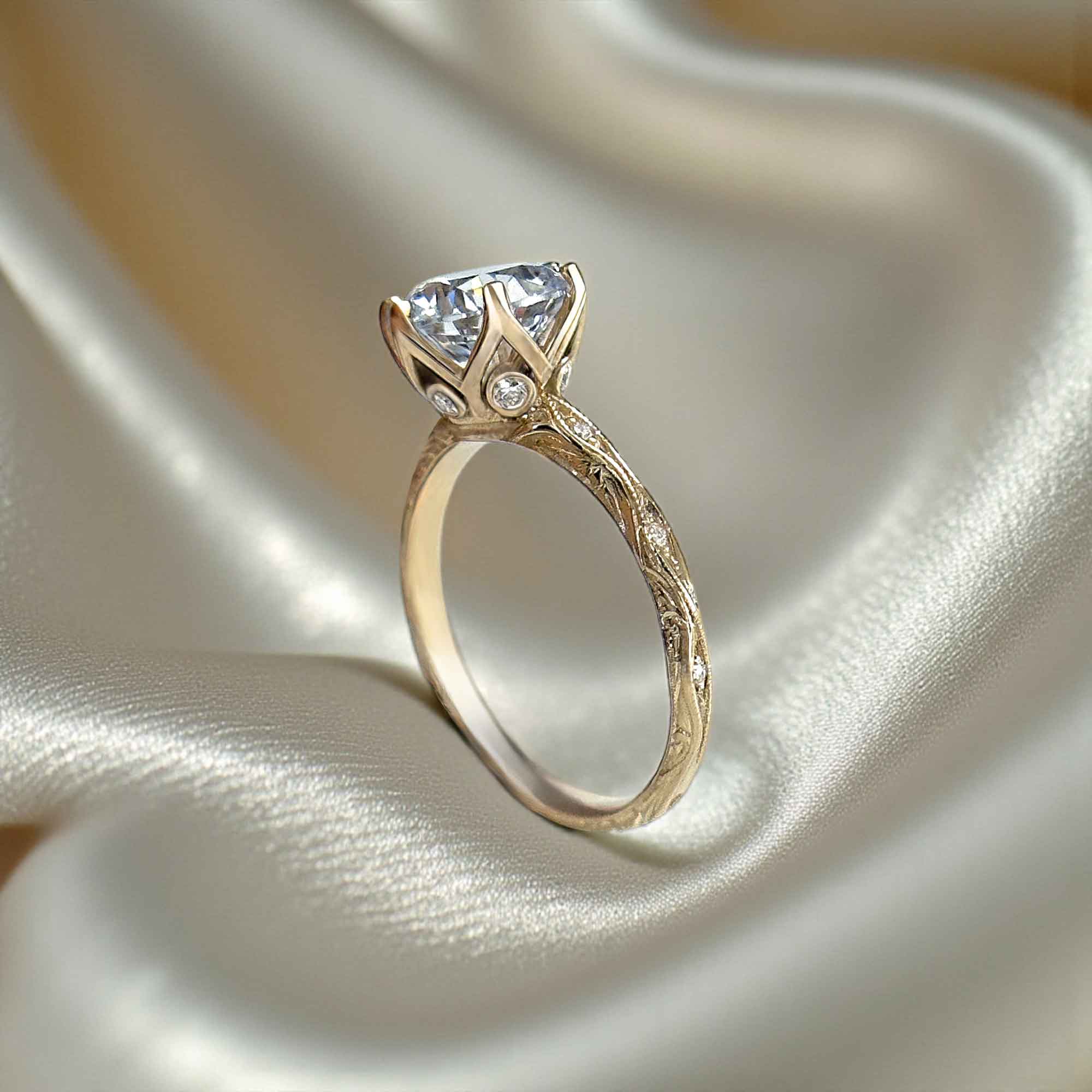 6-Prong Crown-Style Basket with 6 Bezels Hand-Engraved Engagement Ring