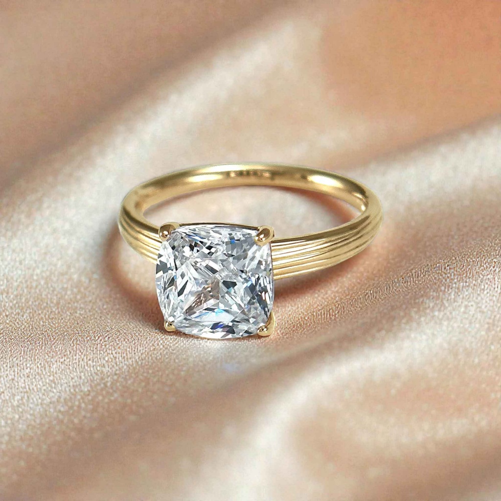 Cushion-Cut Solitaire Engagement Ring with Grooved-Band