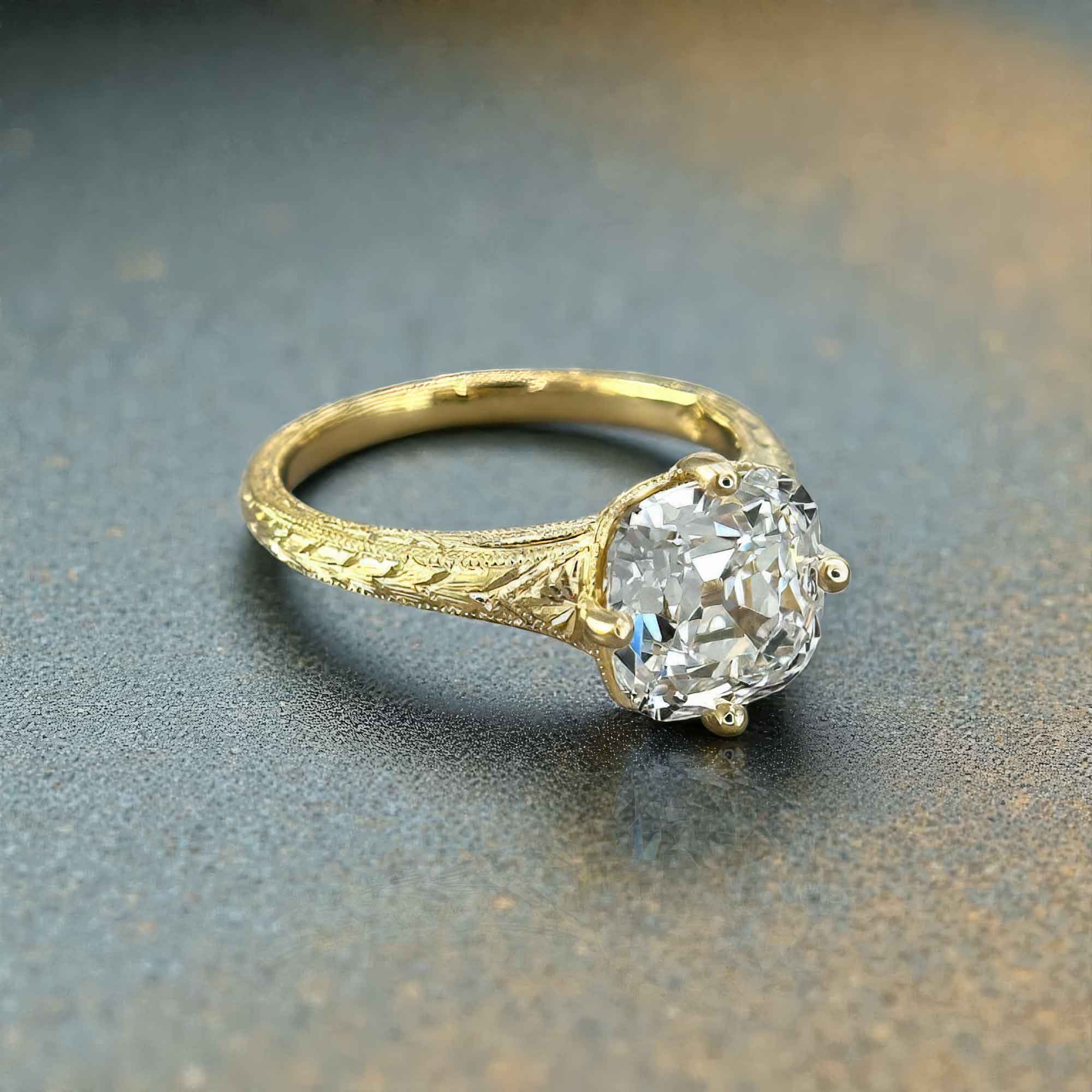 Old Miner-Cut Compass-Set Hand Engraved Engagement Ring