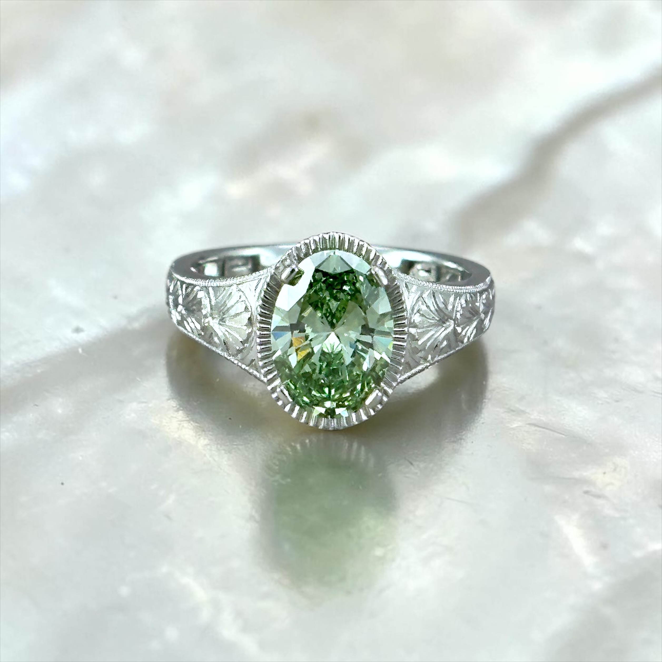 Custom engagement ring, hand-engraved green opal